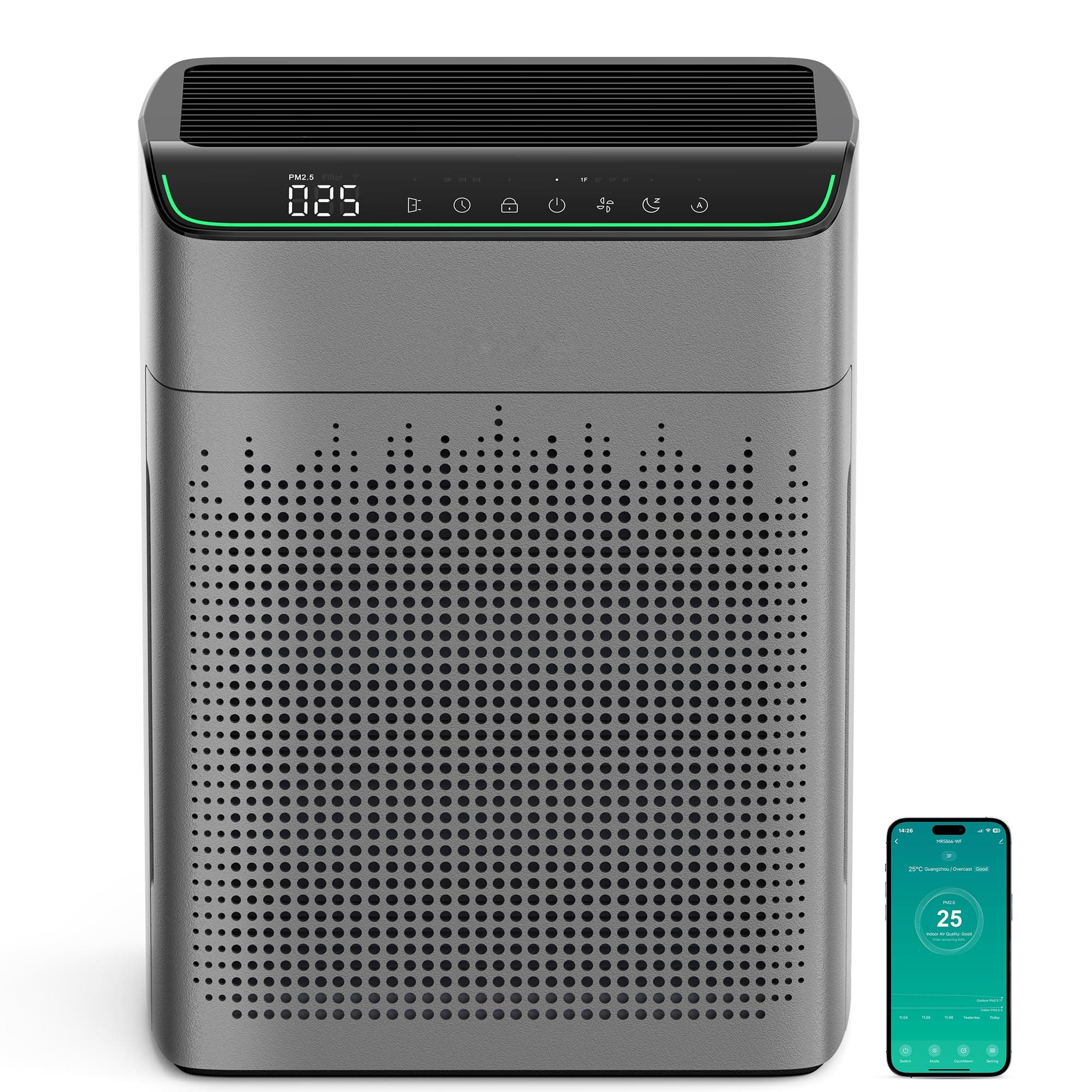 MERONTE Air Purifiers for Smoke Large Room, Cover Up to 1690 Sq Ft,Charcoal | HEPA Filter with PM 2.5 Monitor, WiFi and Alexa Compatible, Dual Air Intake for Smoke, Odor
