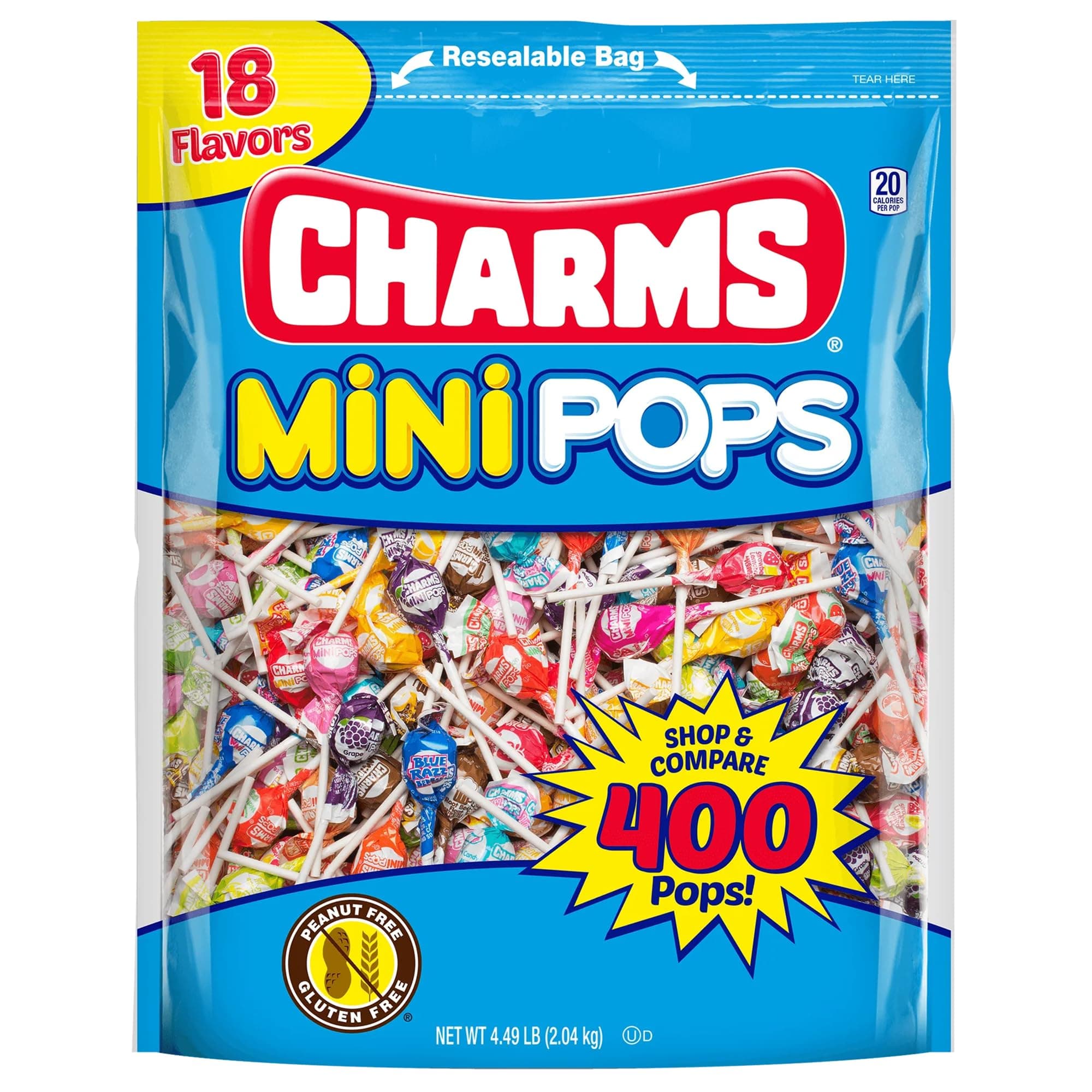 Charms Mini Pops Lollipops, Assorted Flavors, 400 Count (Pack of 1) | 4.5lb Bag, Individually Wrapped Suckers in 18 flavors, Bulk Treats for Kids and Adults, Peanut Free, Kosher, Gluten Free