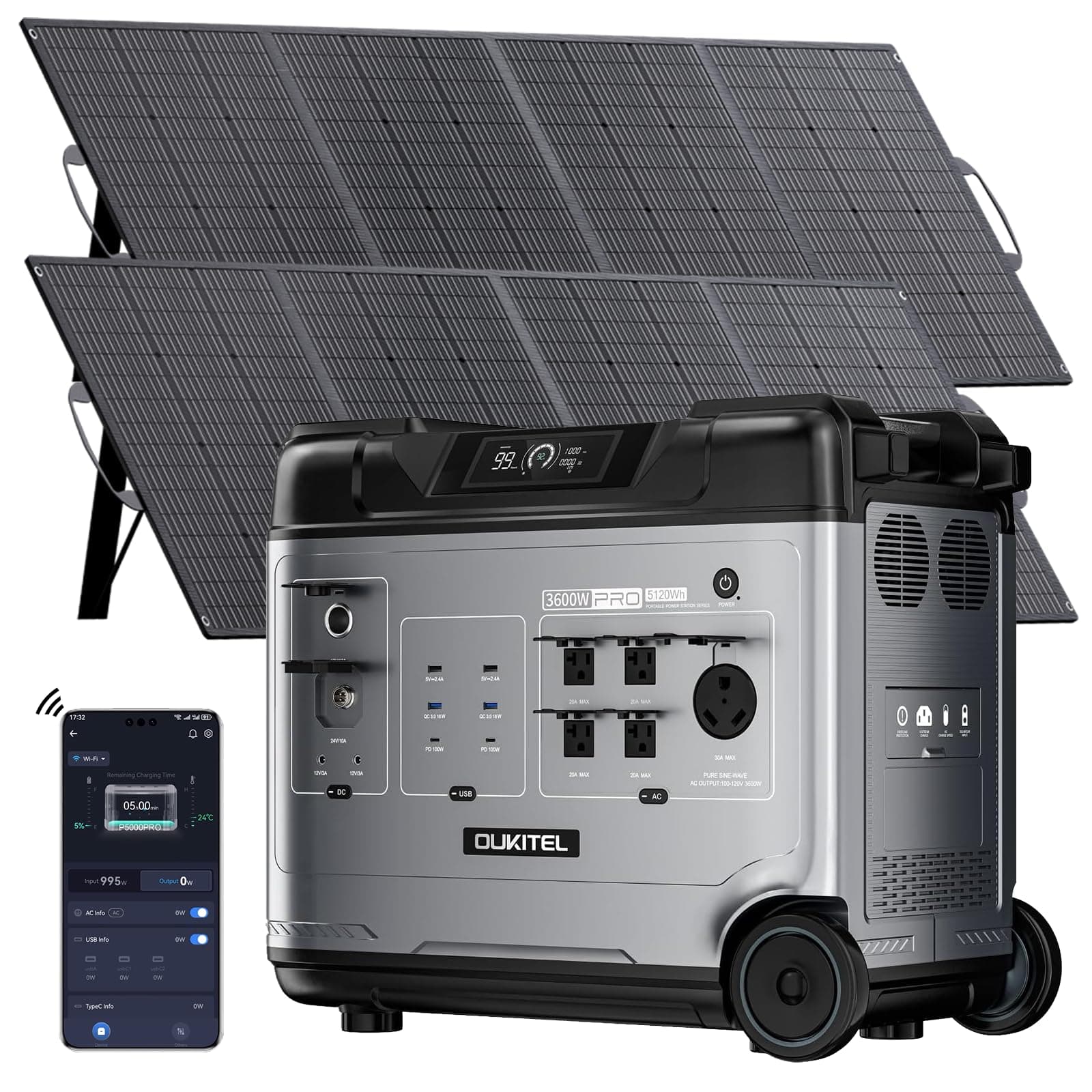 P5000 Pro 3600W(7200W Peak) 5120Wh Solar Generator with 2x200W Solar Panel | 5x3600W(7200W Peak) AC Outlets LiFePO4 Battery 1.5H Fully Charged, APP, EPS<10ms for Home Backup, Power Outages, Camping