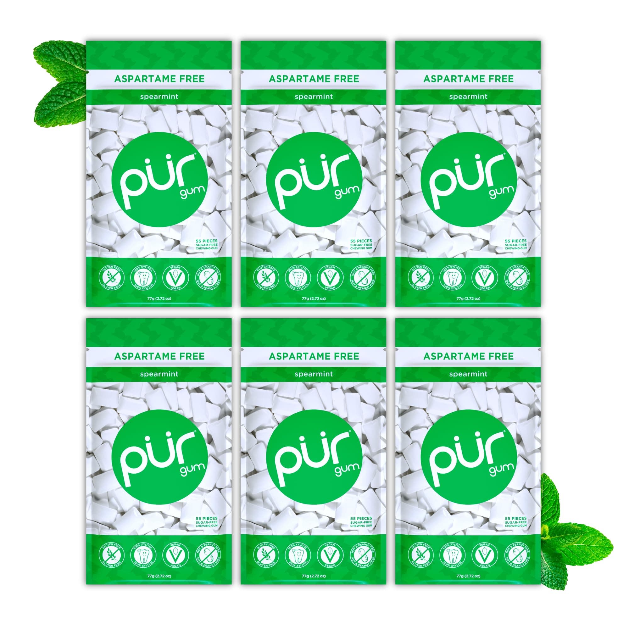 PUR Gum, Spearmint, Xylitol Gum, No Artificial Flavor, 330 Count (6x55) | No Artificial Sweeteners, Vegan, Sugar Free, Gluten Free, Soy Free, Nut & Peanut Free, Swiss Made, Keto Friendly chewing gum