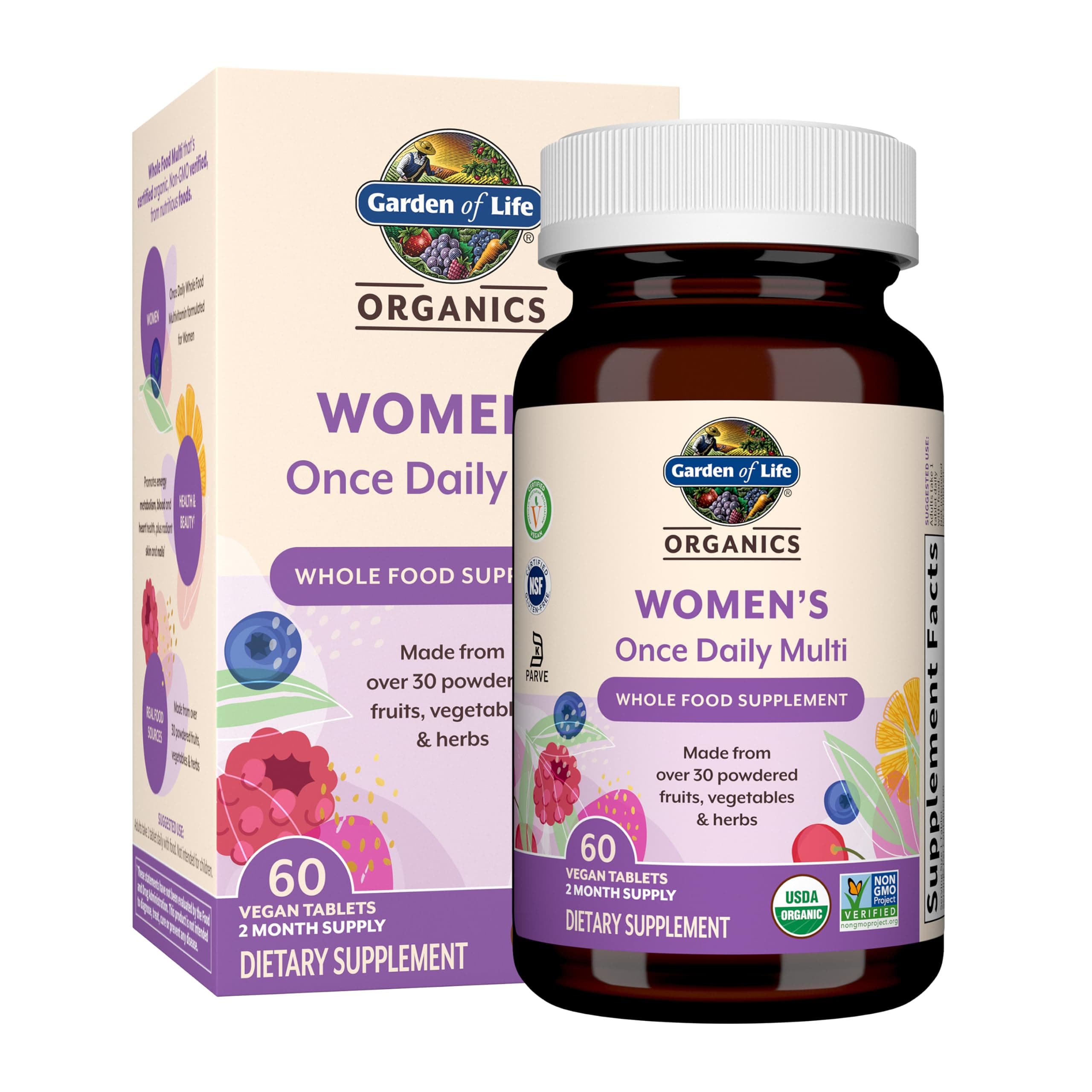 Garden of Life Organics Women's Once Daily Multivitamin, 60 Tablets | Women's Once Daily, Whole Food Multi with Iron, Biotin, Vegan, for Health, Energy Hair, Skin, and Nails