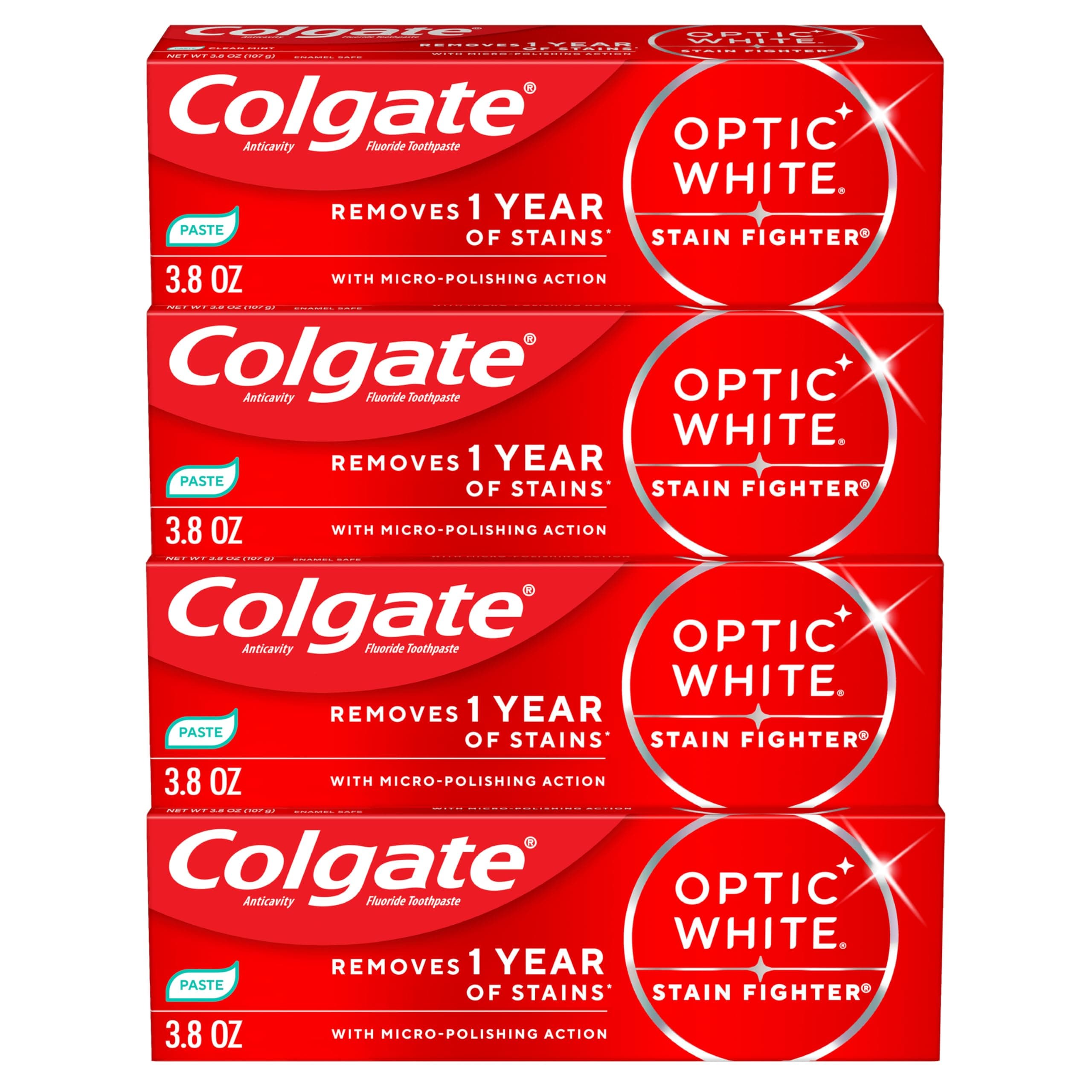 Colgate Optic White Stain Fighter Whitening Toothpaste, Mint, 4 Pack, 3.8oz | Removes 1 Year of Stains With Micro-Polishing Action, Enamel Safe for Everyday Use, Peroxide Free, Fluoride Formulated