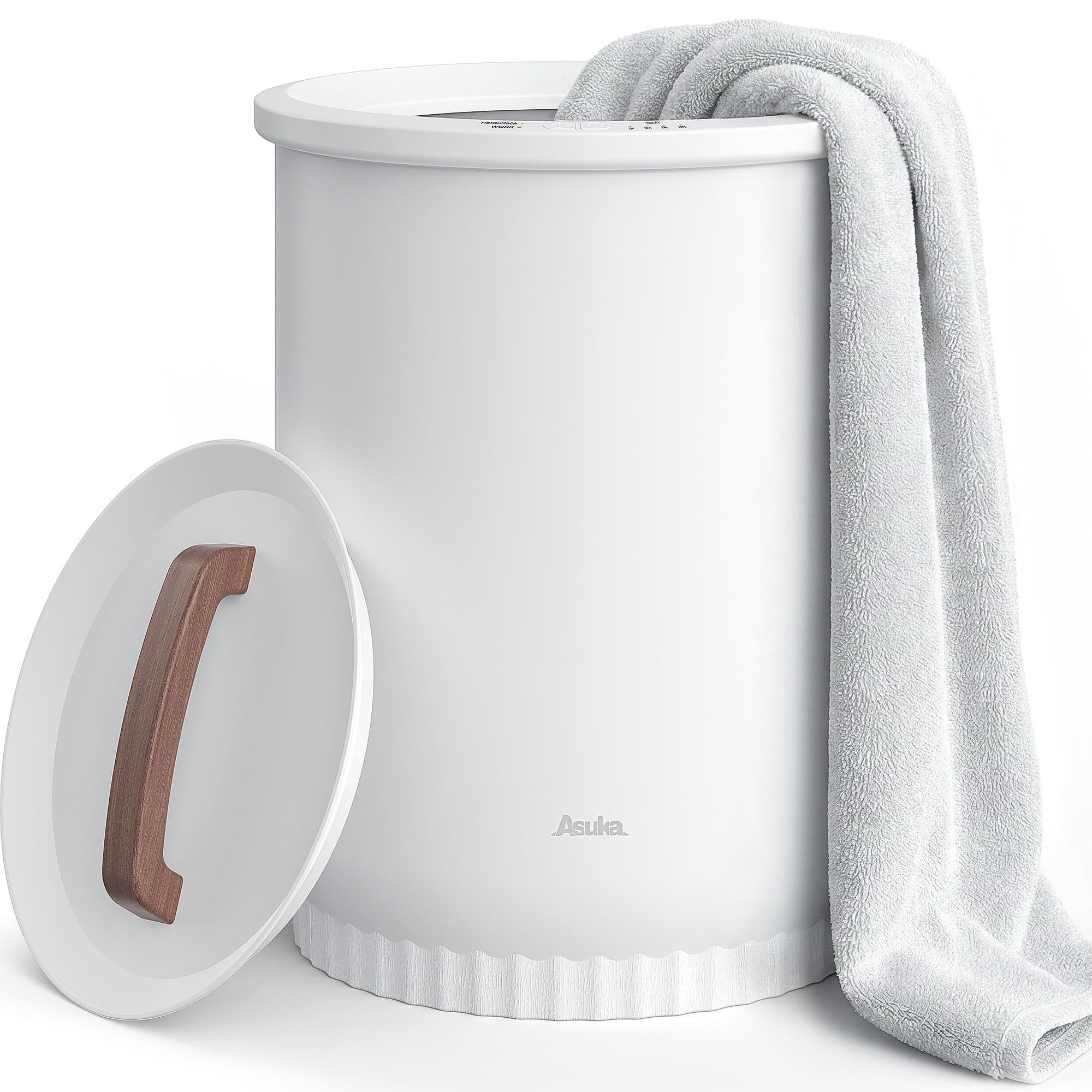 Asuka Towel Warmer, Large Towel Warmer for Bathroom with Wood Handle, 4 Delay Settings&Auto Shut Off, Towel Warmer Bucket Fits Two 40"X70" Oversized Towels, Bathrobes, Blankets, PJ's and More, White