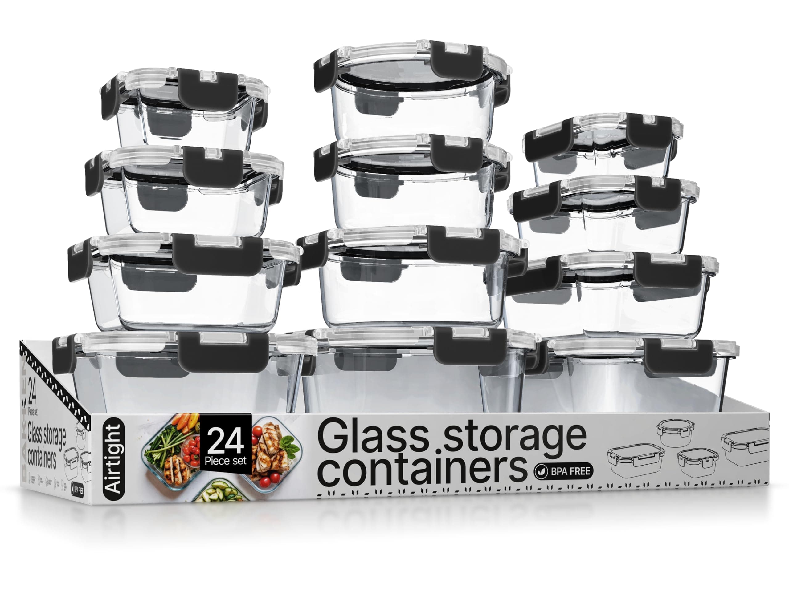 Bakken Borosilicate Glass Food Storage Containers with Lids 24 Pieces, BPA-Free Stackable Lunch & Leftover Containers, Microwave, Freezer & Dishwasher Safe, 100% Airtight Leak-Proof, Black
