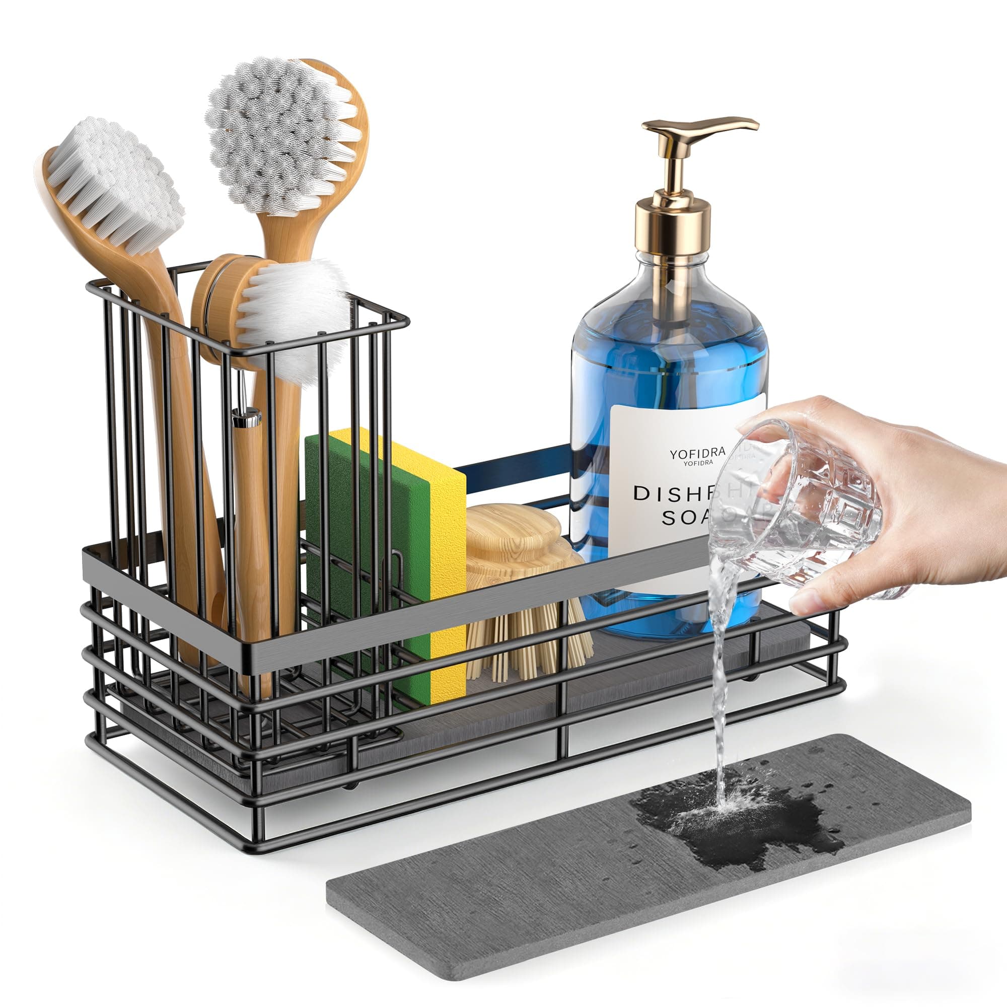 Yofidra Sponge Holder for Kitchen Sink, Sink Caddy with Stone Drying Mat | Kitchen Countertop Organizers with Flexible Brush Holder, Rustproof 304 Stainless Steel (Black, 9.29″ L)