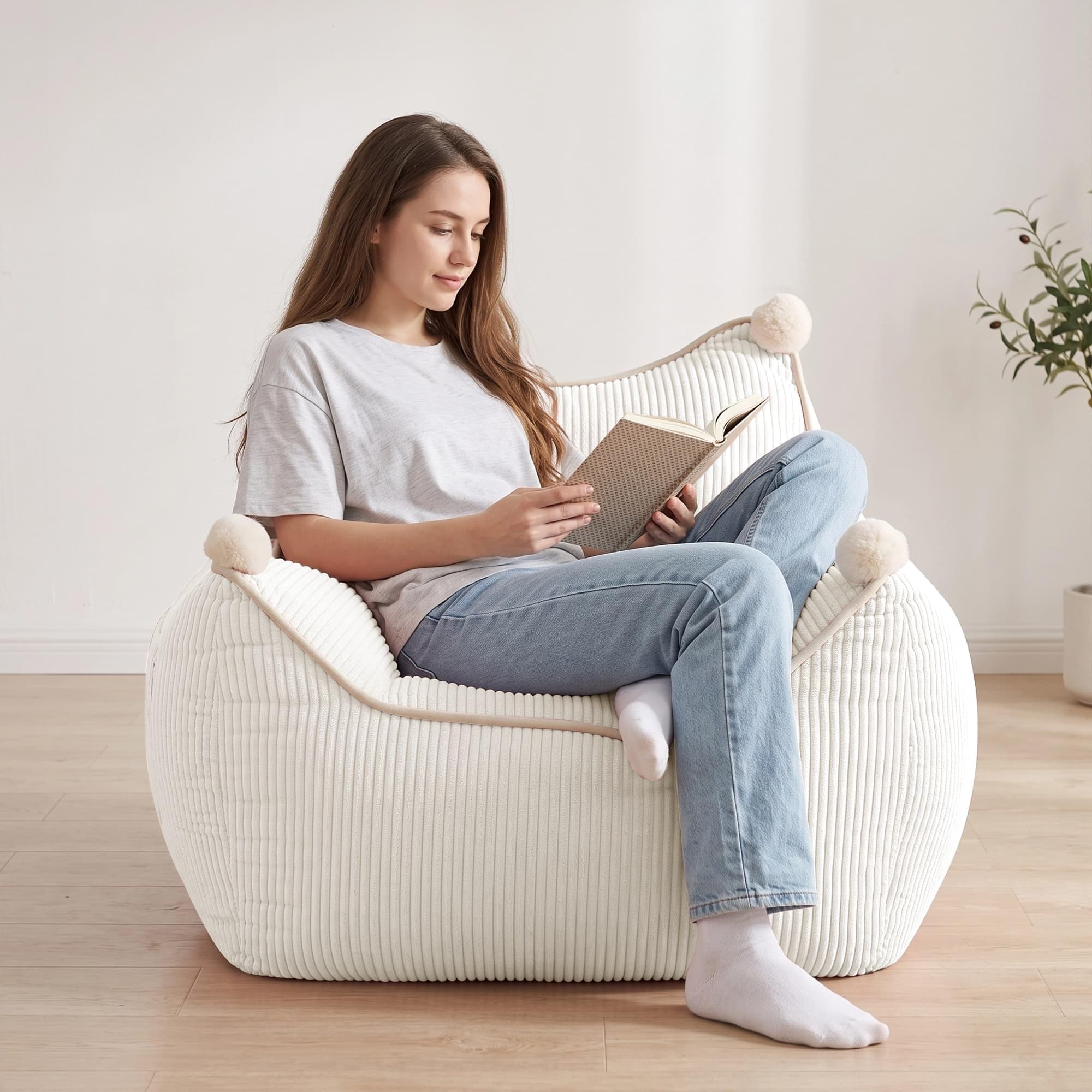 Korser Bean Bag Chair for Adults and Teens, Small Bean Bag Couch Cozy with Foam Filler, Corduroy Comfy Beanbag Chair with Back Support, Lounge Floor Sofa for Living Room, Reading, Bedroom, Beige