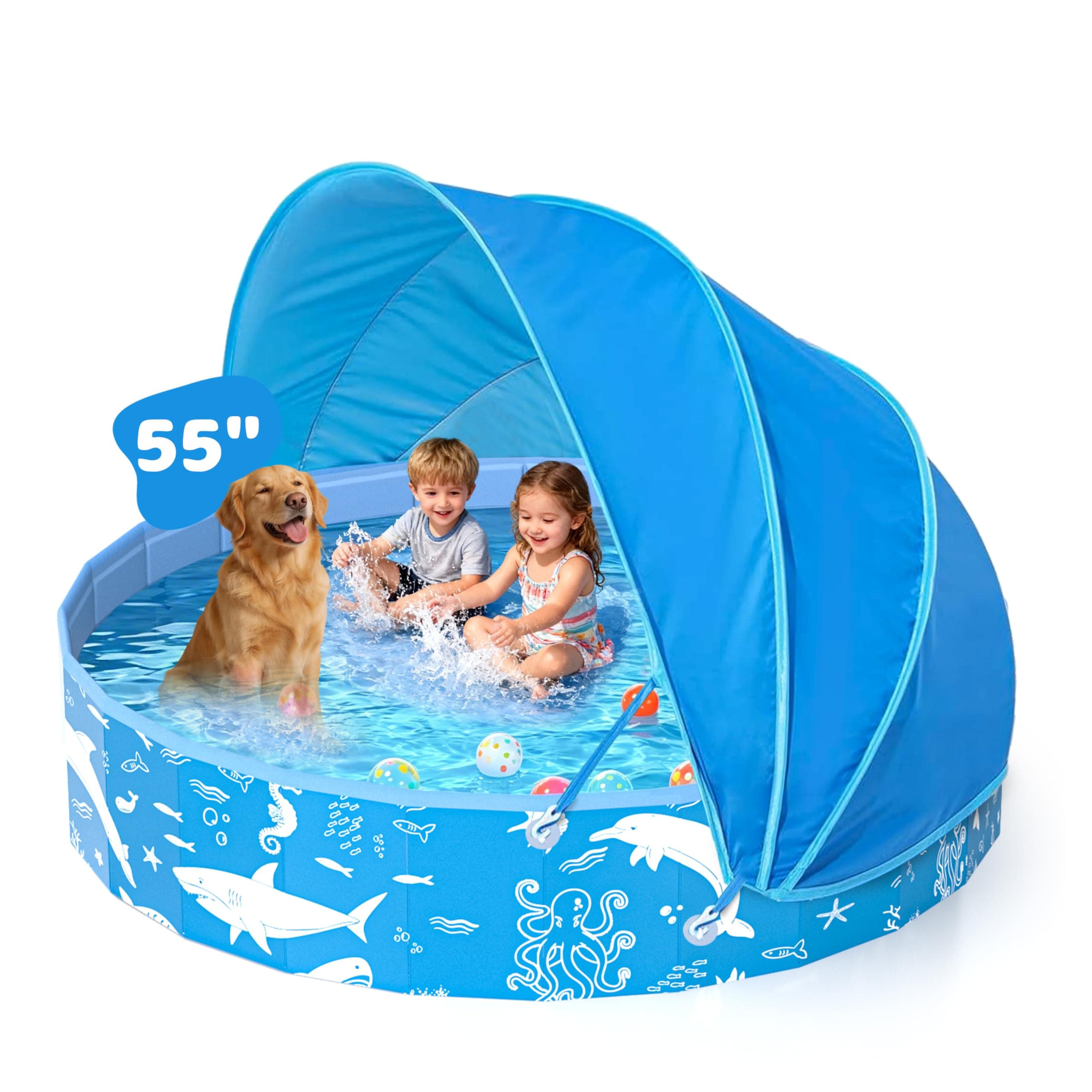 EPN 55”Large Kids Pool, Baby Pool with Canopy, Pools for Kids | UPF 50+ Pool Shade, kiddie Pool for Toddlers 3+, Baby Essentials, Portable BPA-Free Baby Pool for Backyard & Beach, Blue