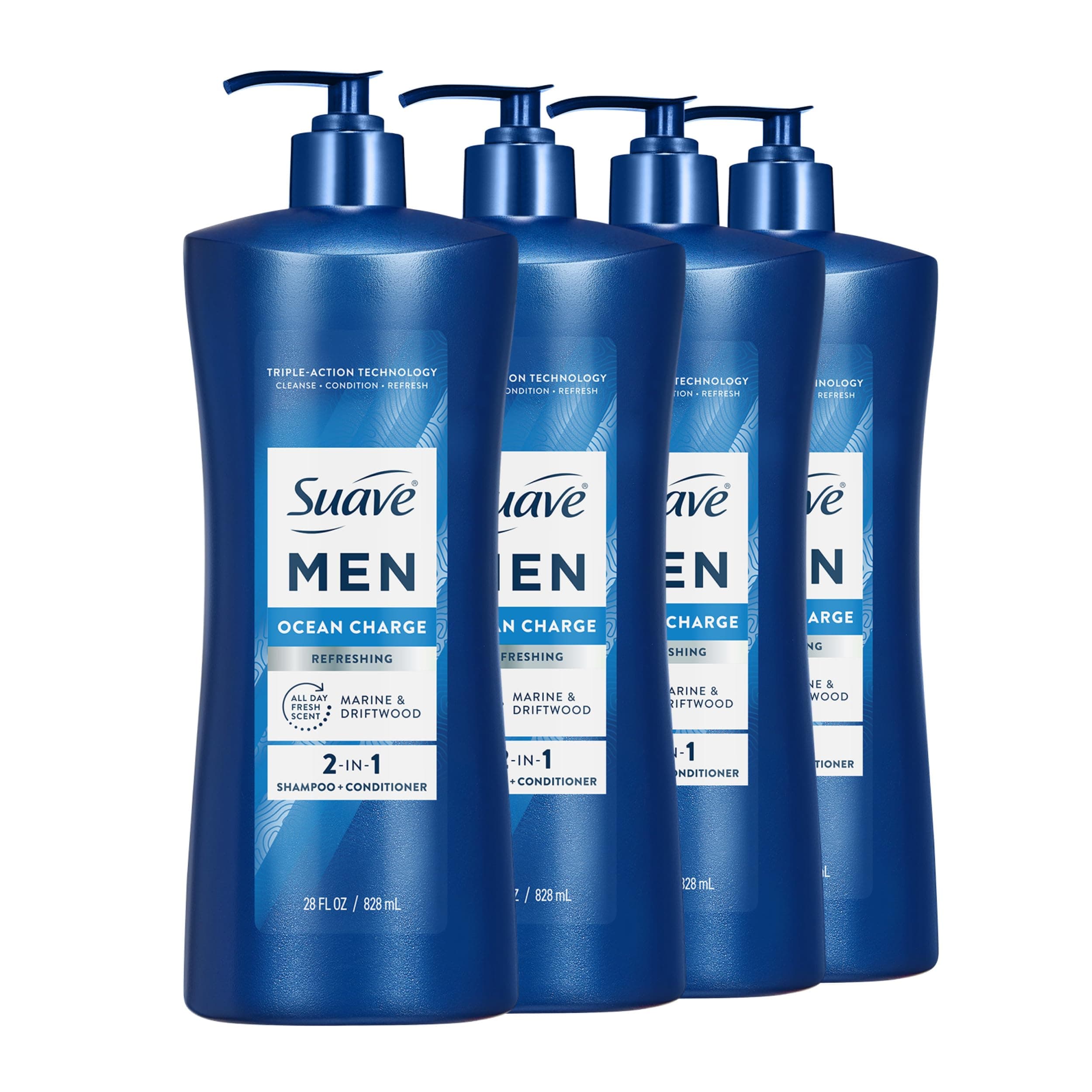 Suave Men Ocean Charge 2 in 1 Refreshing Shampoo & Conditioner with Pro Vitamin B5, Hydrates & Revitalizes Hair, Ocean Fresh Scent, 4 Count, 28 FL OZ Pump