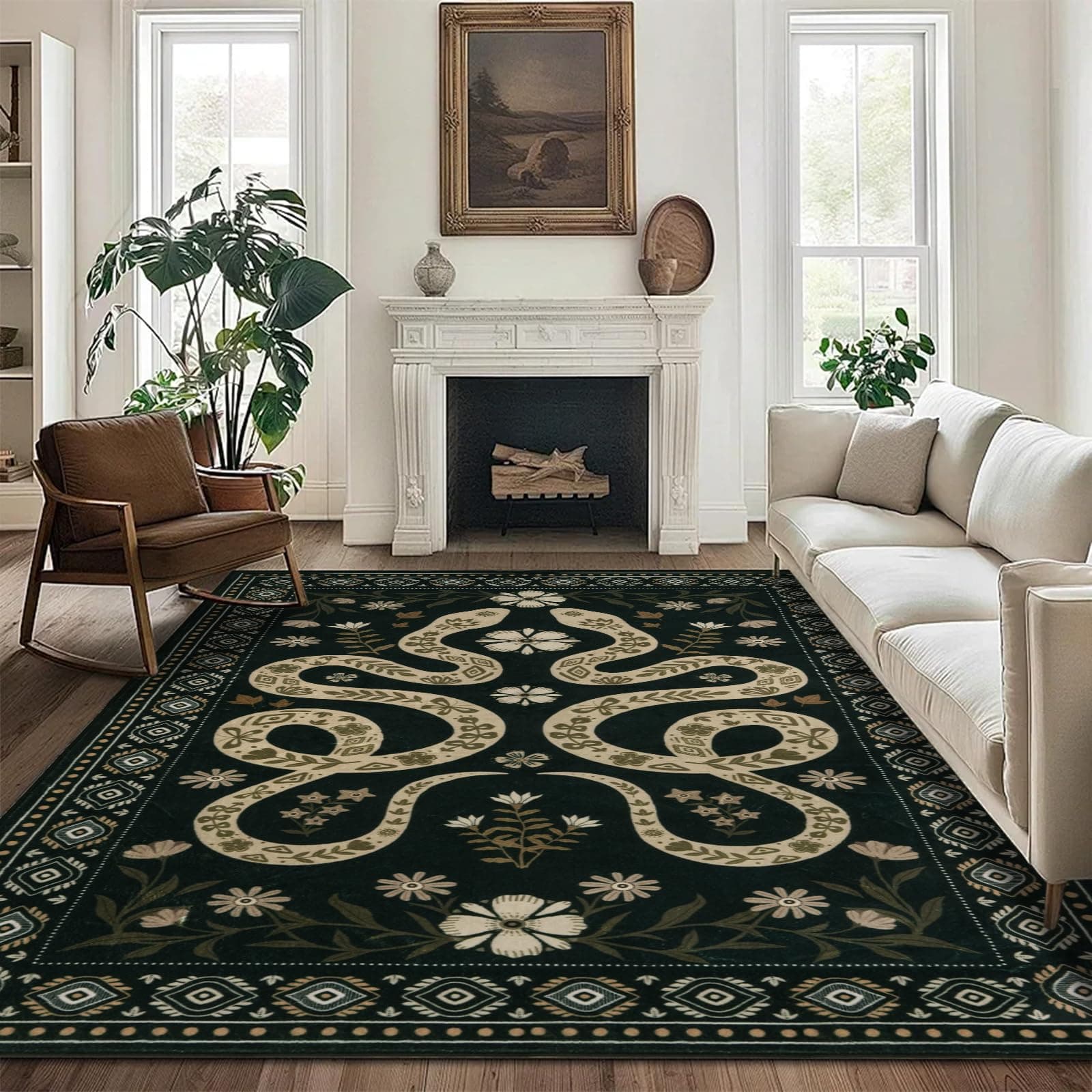 MOSISO 8x10 Area Rug for Living Room, Green | Soft Non-Slip, Snakes and Flowers Low Pile Carpet, Faux Wool Rectangular, Washable Floor Mat for Dining Living Room