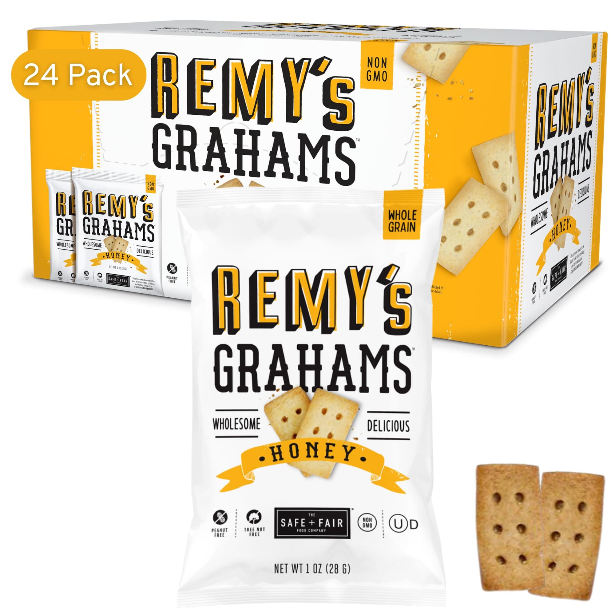 The Safe + Fair Food Company Remy's Honey Grahams 24ct - Healthy Snacks | EBT eligible food items,peanut/tree nut-free, bite-sized whole grain treats,single-serve pouches for school lunches