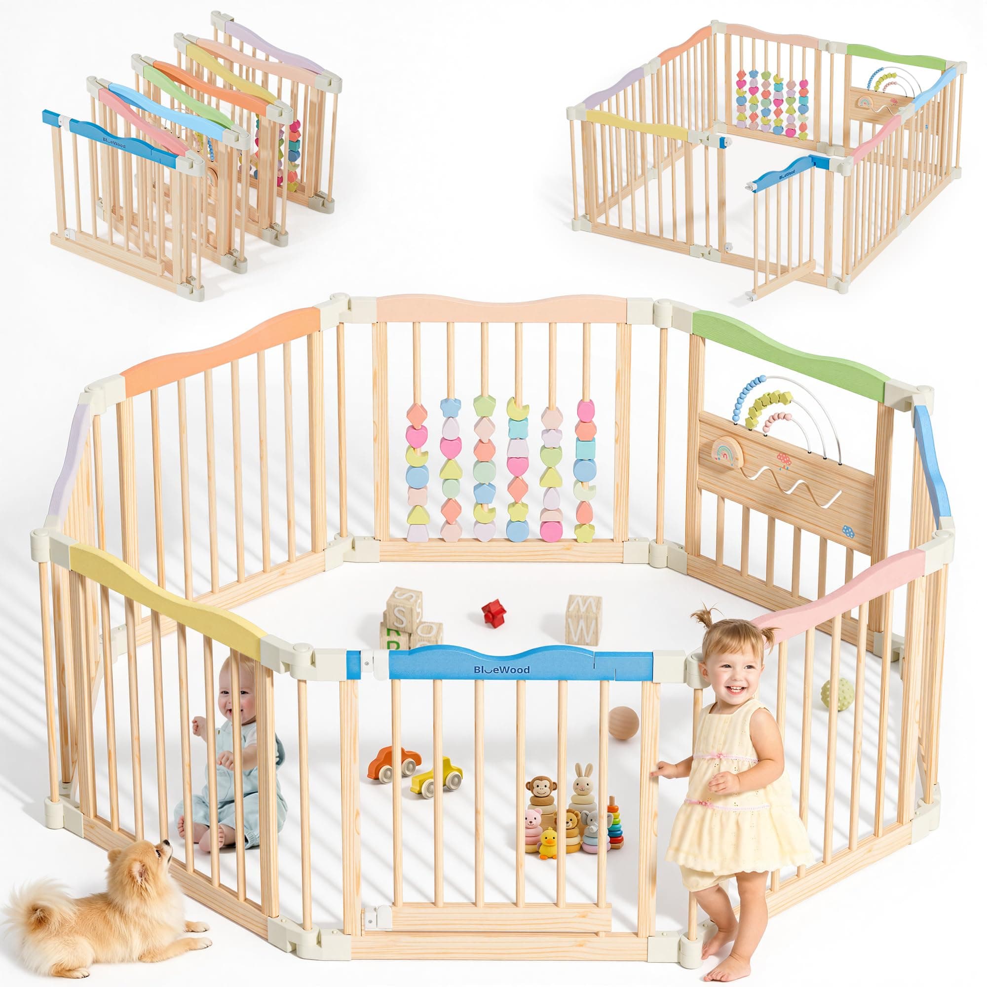 Foldable Wooden Playpen, 55 x 55 x 24 inches, Rainbow Dream, Colorful | Adjustable Wood Baby Play Yard with Child-Proof Lock, Indoor Large Safety Fence for Babies and Toddlers, Easy Assembly