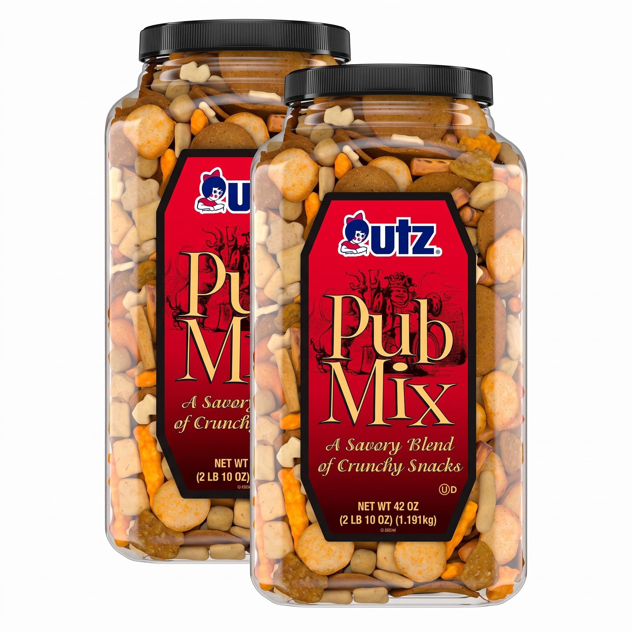 Utz Pub Mix,42 Oz. Barrel,Savory Snack Mix with a Blend of Crunchy Flavors for a Tasty Party Snack,Resealable Container,Trans-Fat Free and Kosher Certified,(Pack of 2)