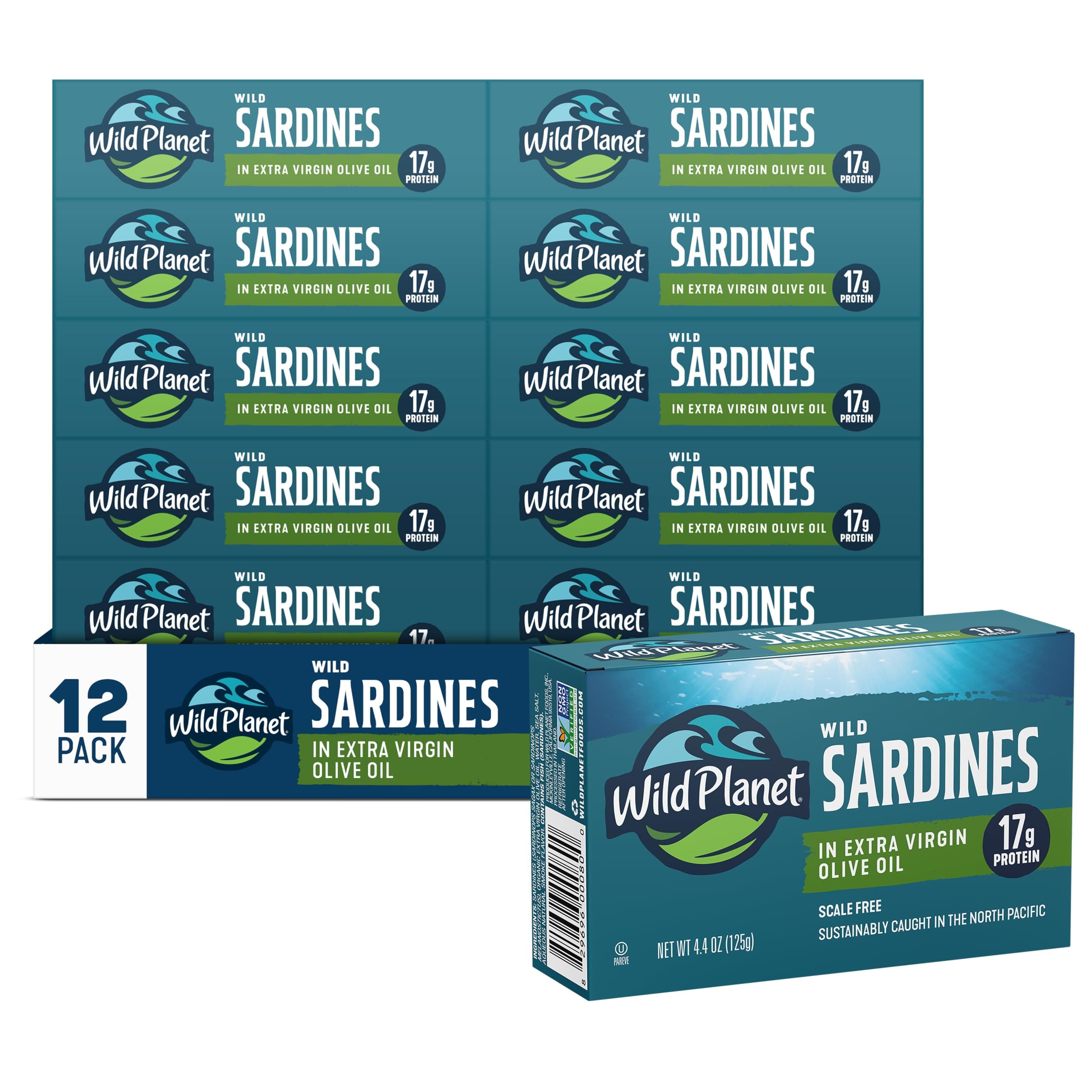 Wild Planet Wild Sardines in EVOO & Sea Salt, 4.4 Ounce Can, 12 Pack | Sustainably Caught Sardines in Extra Virgin Olive Oil. Non-GMO, Gluten Free, Kosher, Dairy Free, Keto & Paleo Friendly