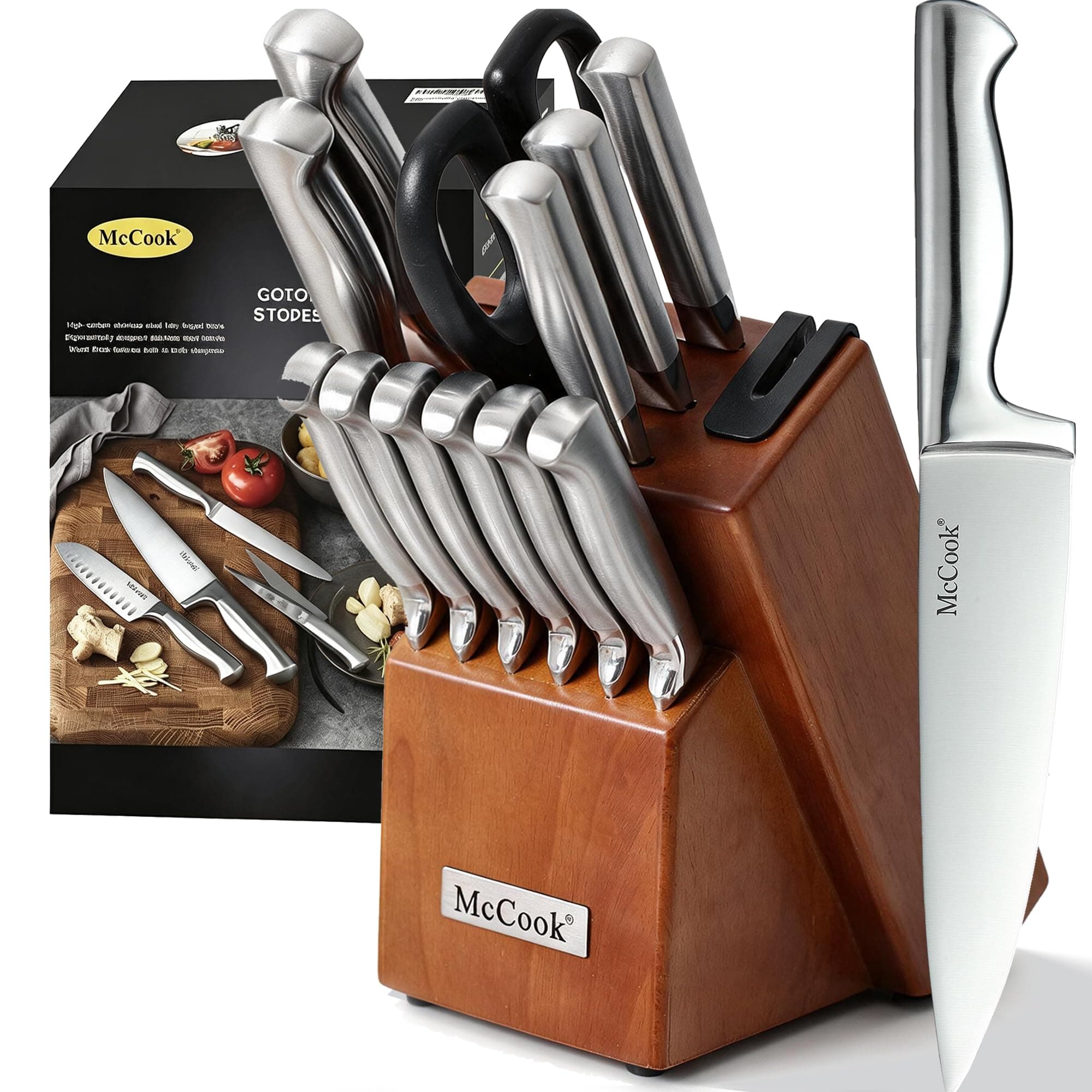 McCook Kitchen Knife Set 15PC Knife Block Set w Built-in Sharpener | German Forged Stainless Steel,Razor Sharp,15 PC, Anti-Rust,Restaurant Grade,Ergonomic Handles,Full Tang,Gift Box