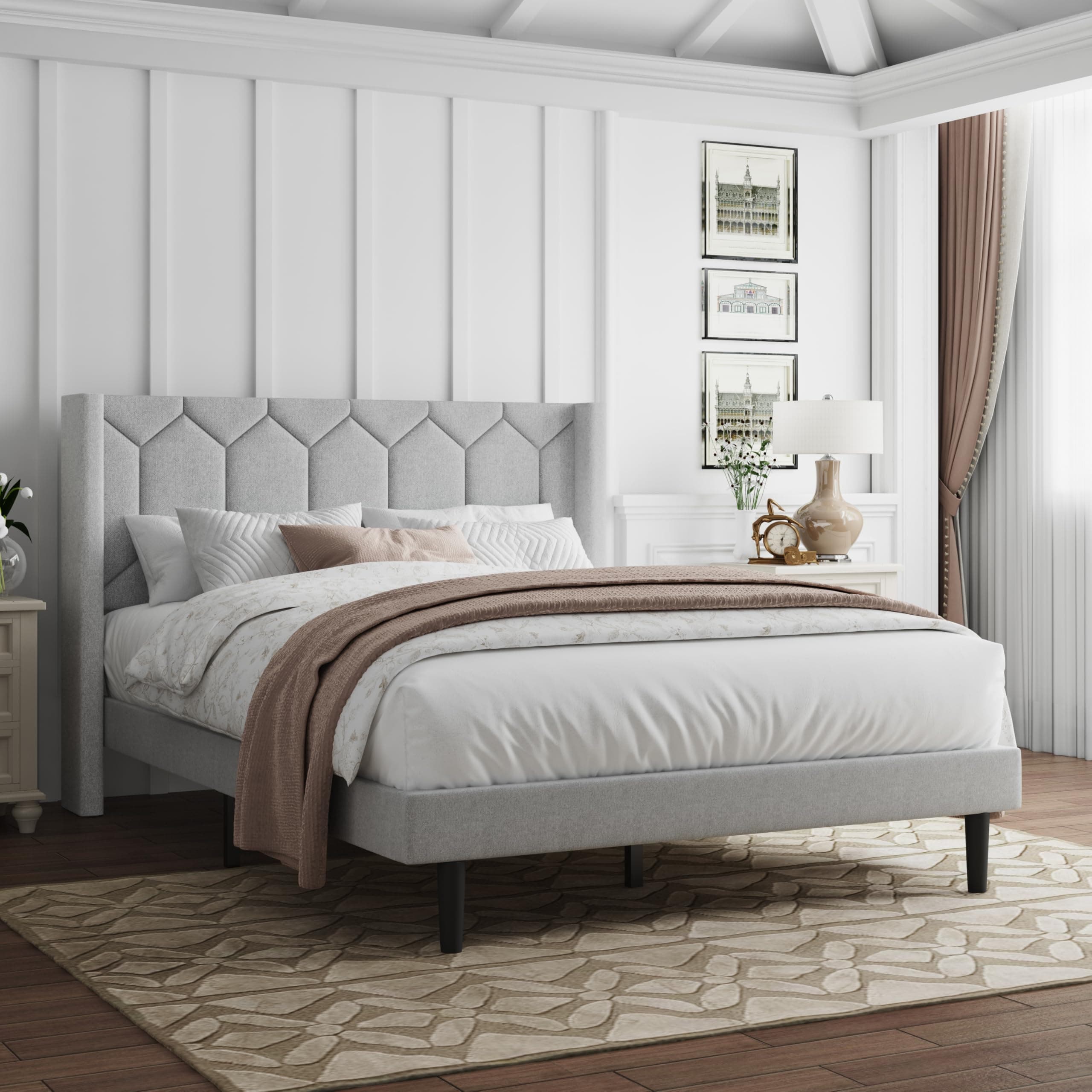 IOILORI Full Size Bed Frame with Velvet Upholstered Headboard, Platform Bed Frame No Box Spring Needed, Modern Bedframe with Strong Wooden Slats, Light Gray