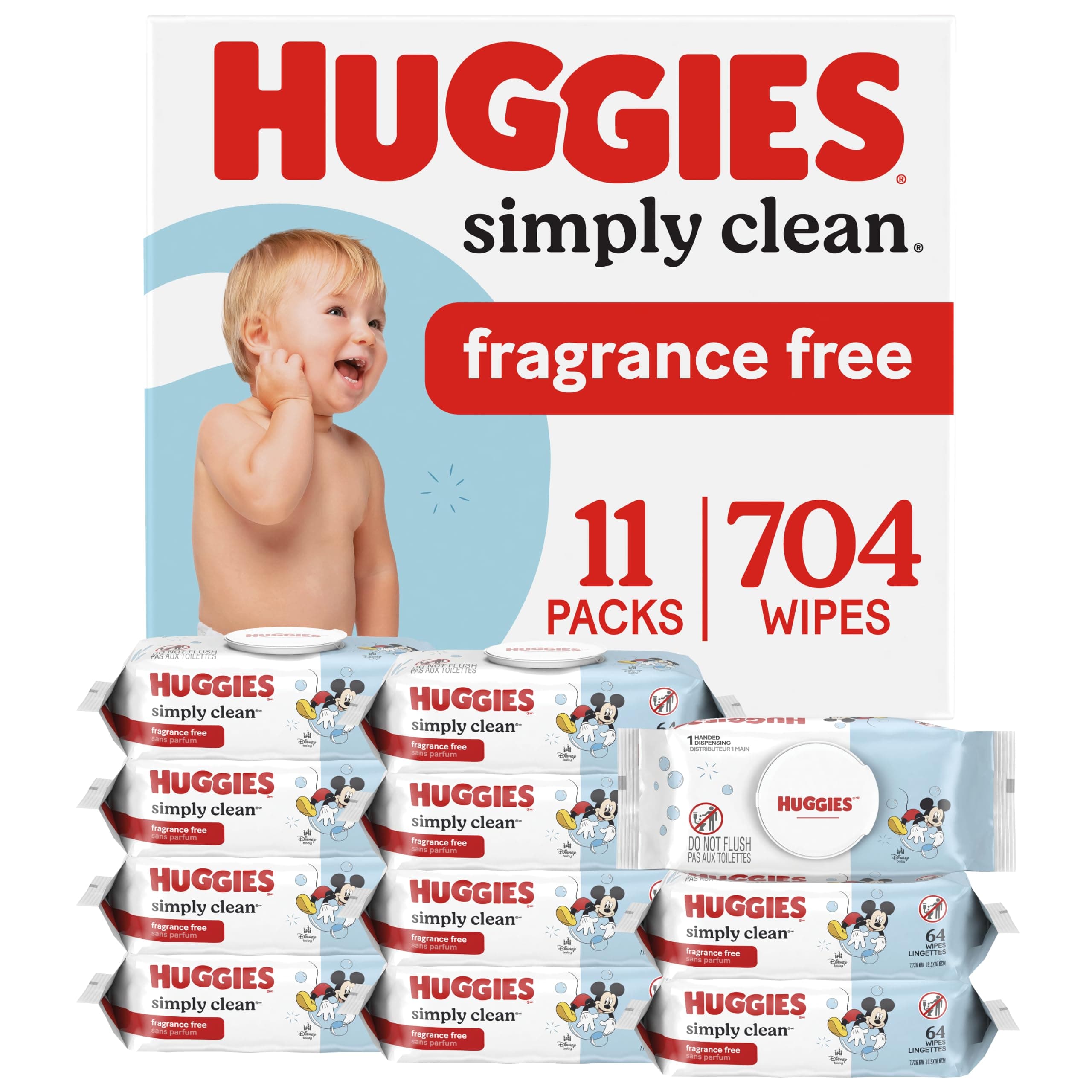 Huggies Simply Clean Baby Wipes, Unscented, 11 Packs, 704 Wipes | Fragrance Free, Soft & Strong, Everyday Cleanup, Thick & Absorbent, No Harsh Irritants, 1-Handed Dispensing