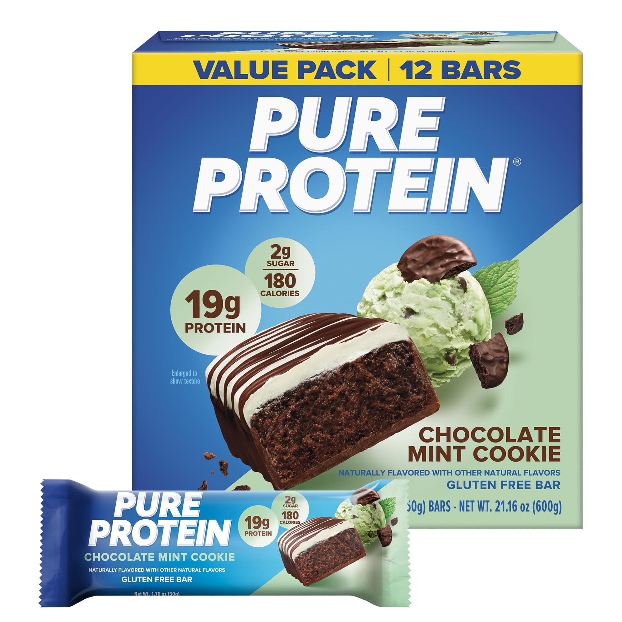 Pure Protein Chocolate Mint Cookie Protein Bars, 20g Protein, 12 Ct | 3g Sugar, 190 Calories, Low Sugar* High Protein Snack, Gluten Free