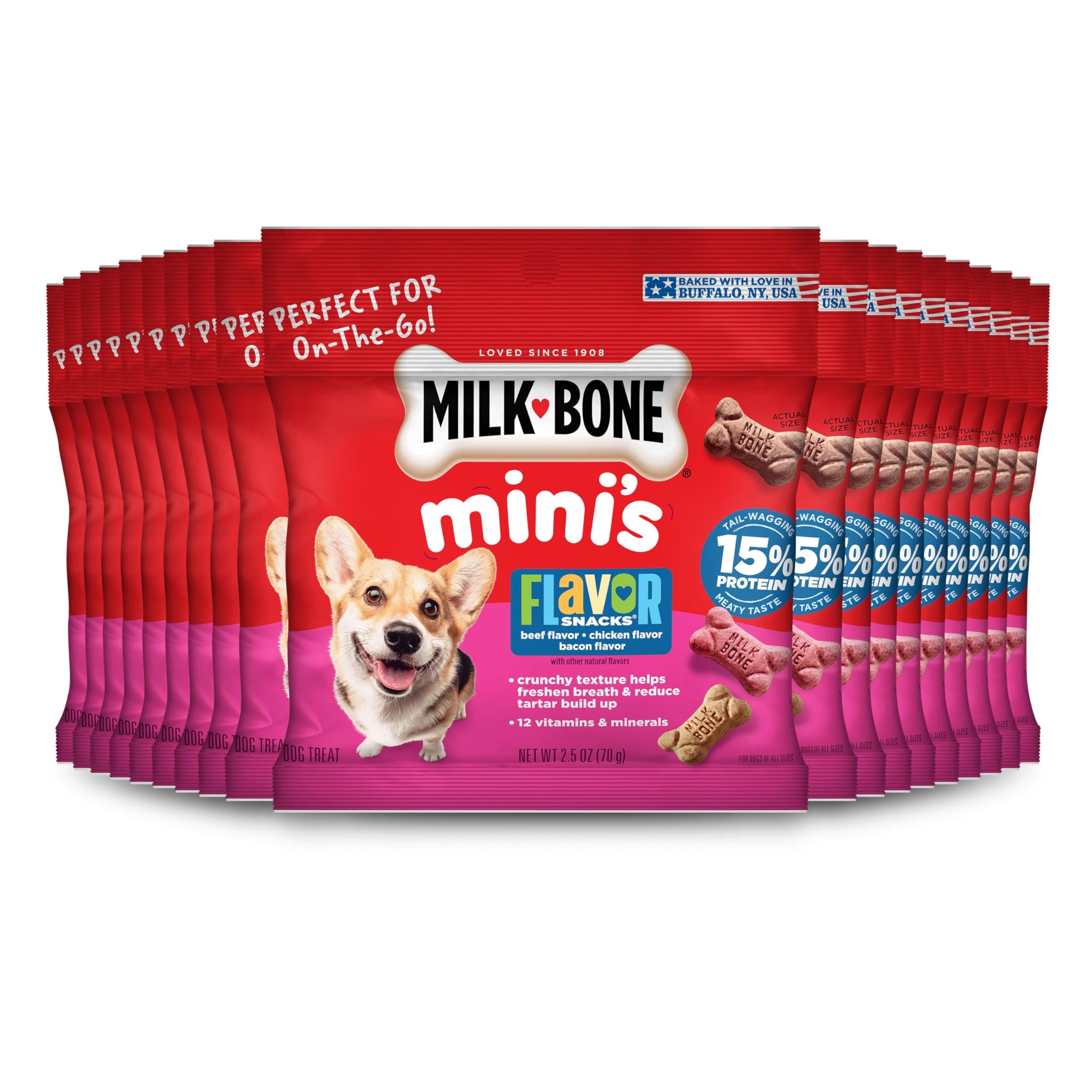 Milk-Bone Flavor Snacks Mini’s Dog Treats, 20 To-Go Bags | 2.5-oz. bags, 5 flavors per box (beef, chicken, turkey, bacon & sausage flavors with other natural flavors)