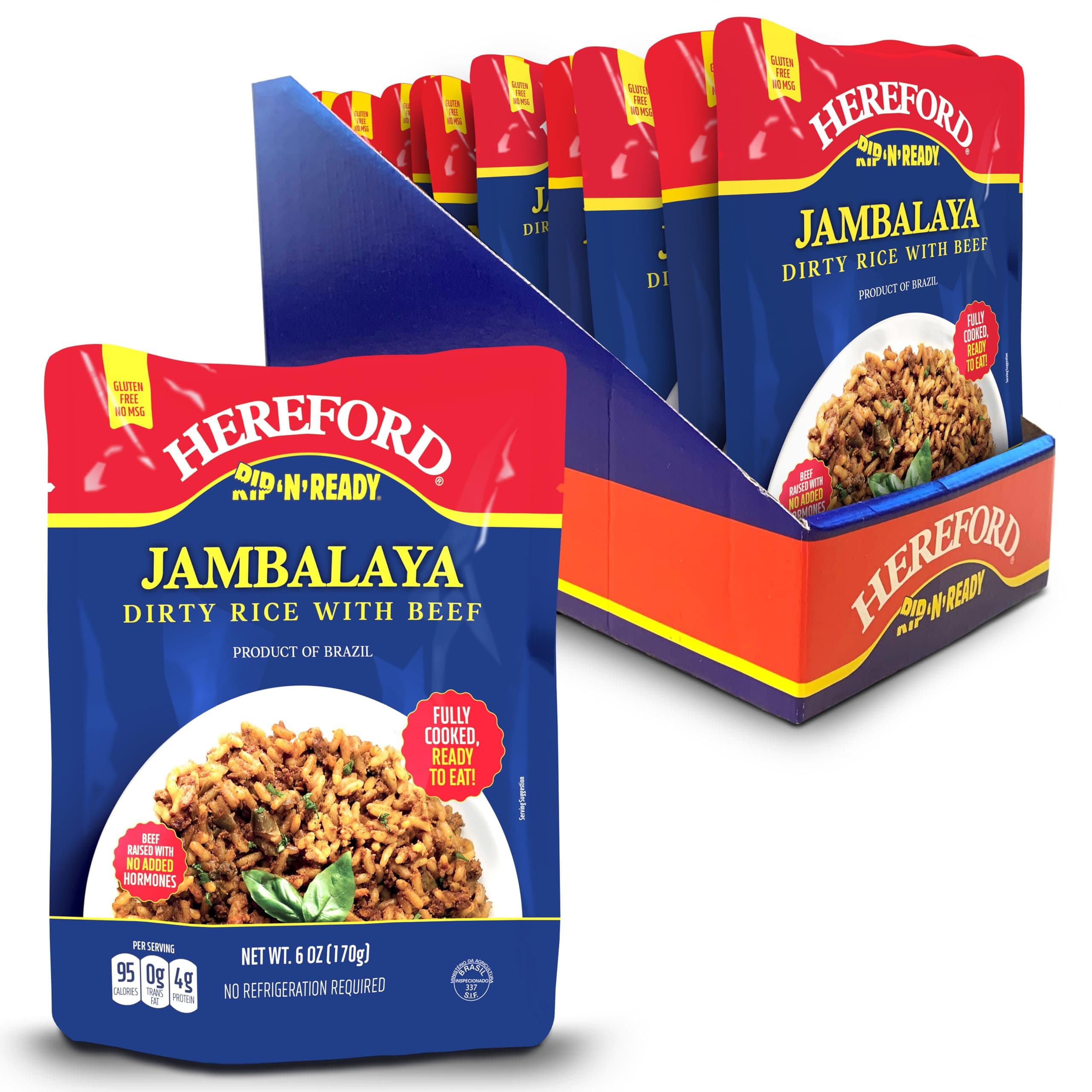 Hereford Jambalaya Dirty Rice with Beef | Shelf Stable | Fully Cooked | Ready-to-Eat | Beef Raised with No Added Hormones | 12g of Protein per Serving | 6oz per Pouch (Case of 12)