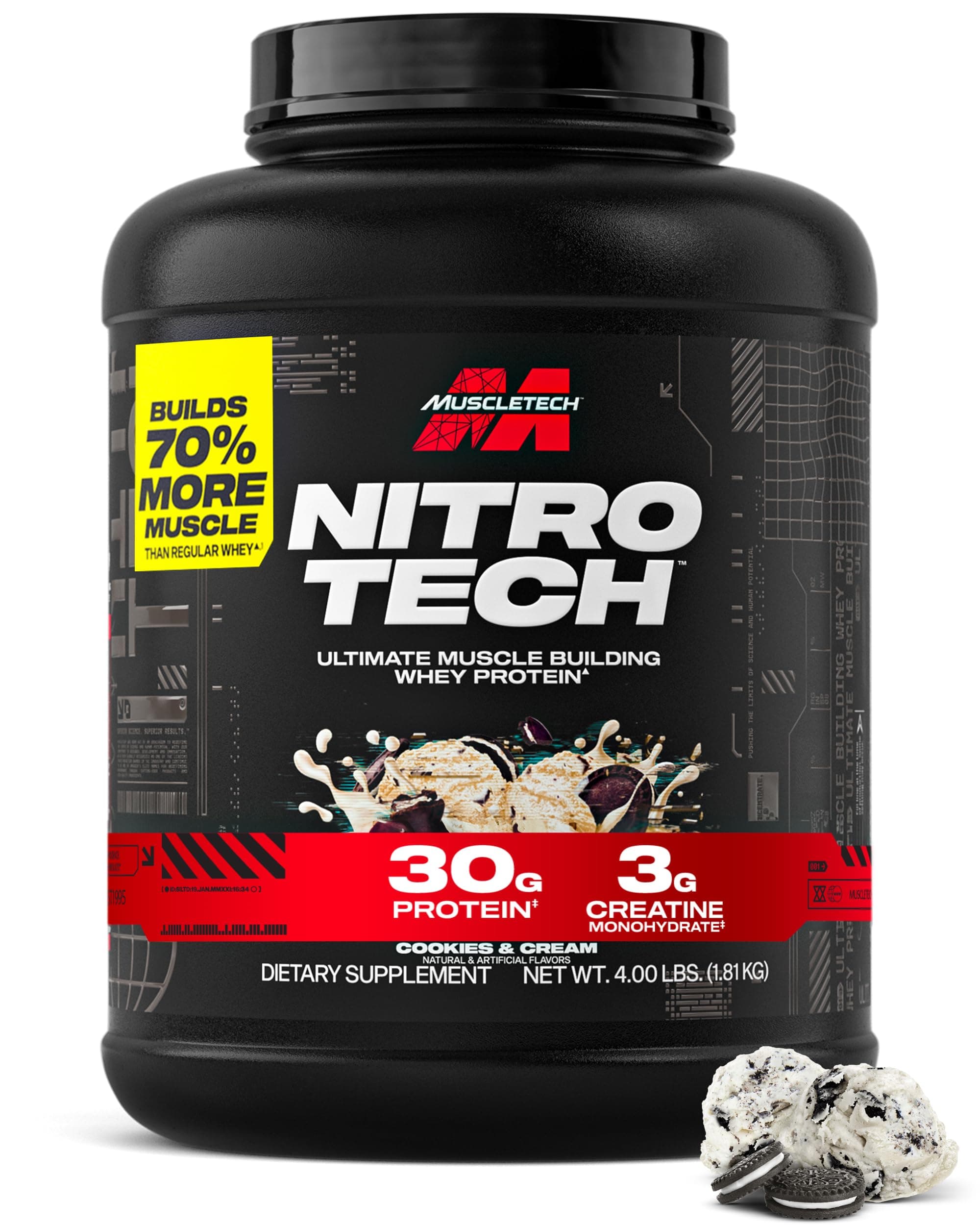 MuscleTech Whey Protein Powder (Cookies & Cream, 4LB) - 30g Protein | Nitro-Tech Ultimate Muscle Building Formula with Whey Protein Isolate - 3g of Creatine & 6.8g of BCAA - Packaging May Vary