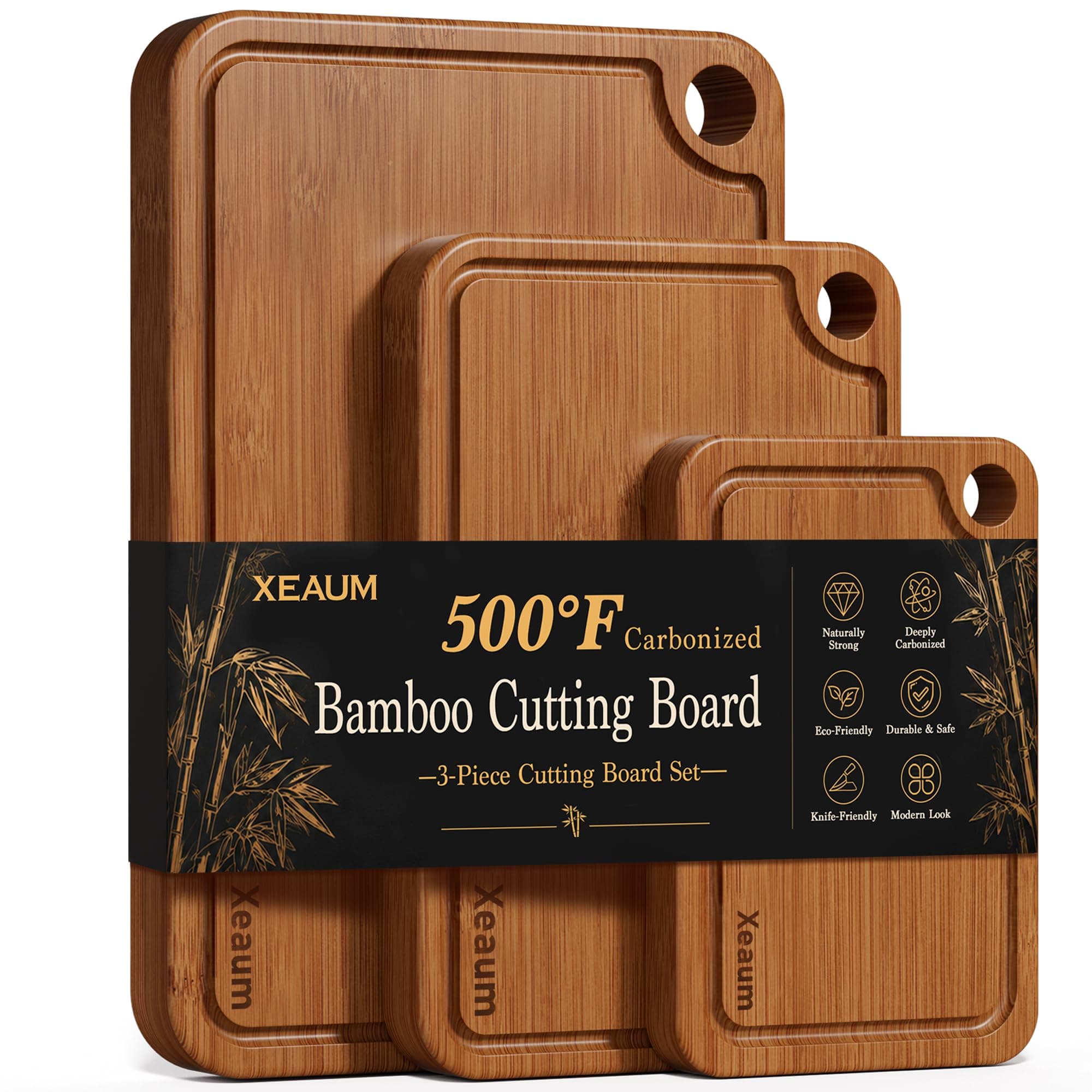 Bamboo Cutting Board 3-Piece Wooden Chopping Mats for kitchen | Deep-Carbonized Bamboo Set with Deep-Carbonized Finish & Non-Slip Edges, Size for Meat/Veggie,Chopping Mats with Hanging Hole