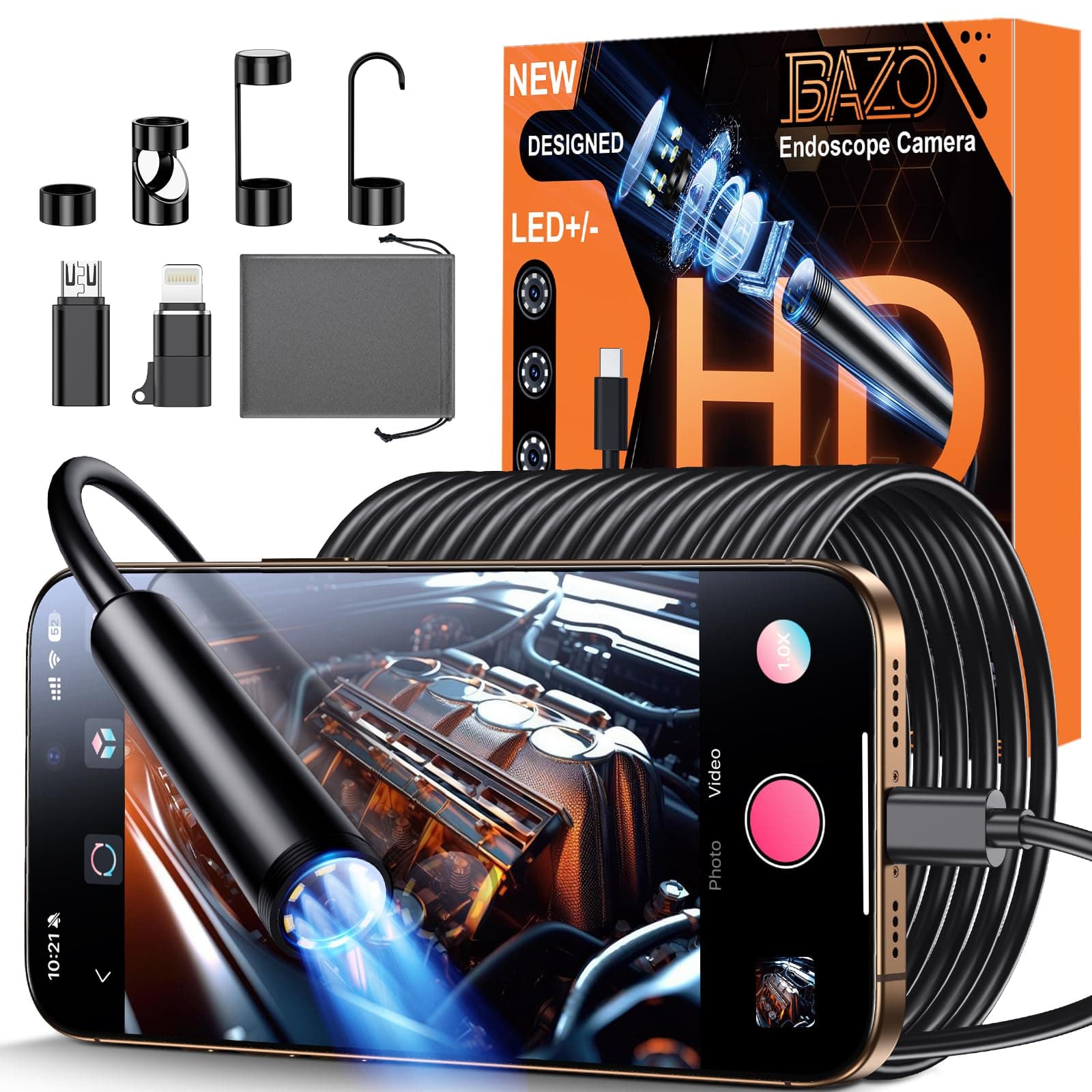 BAZO Endoscope Camera with Light –1920P HD Borescope with 8 Adjustable LEDs | IP67 Waterproof, Inspection Camera for Android & iOS/iPhone, Endoscope Tools with Semi-Rigid Snake Camera- 18.04ft