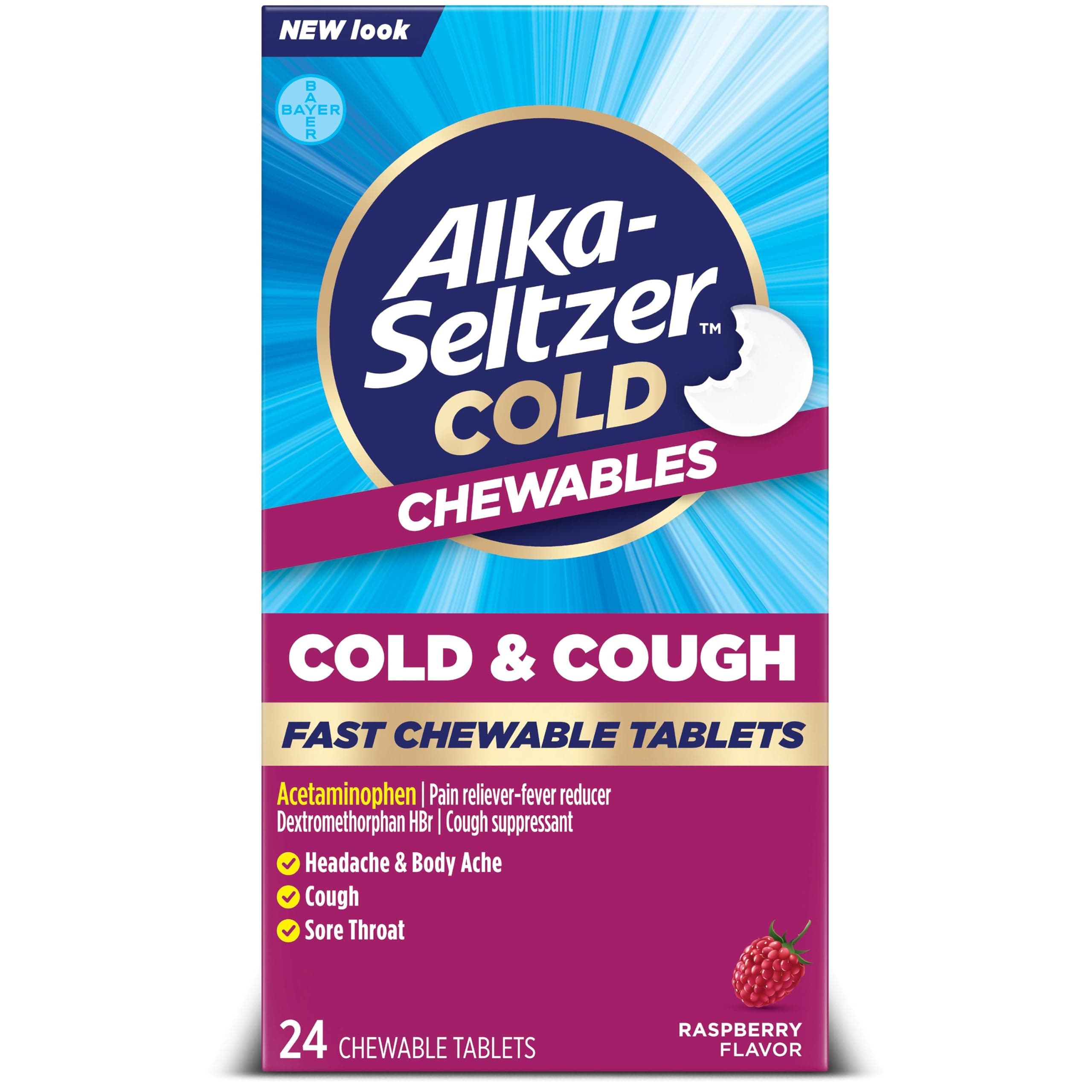 Alka-Seltzer Cold, Cold & Cough Fast Chewable Tablets, Cough Medicine, Multi-Symptom Relief, Body Aches and Pains, No Water Needed, Raspberry Flavor, 24 Count (Packaging May Vary)