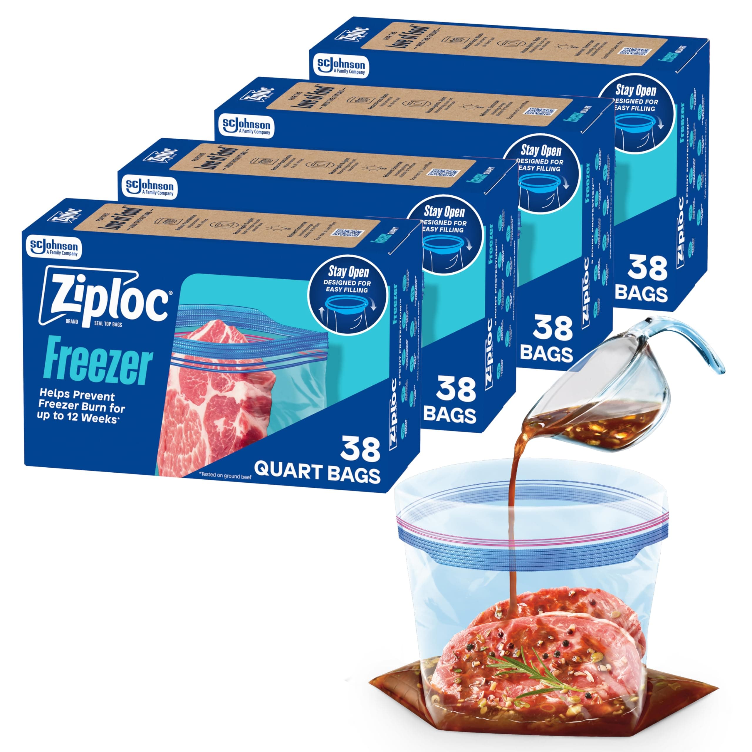 Ziploc Quart Freezer Bags, Food Storage, 152 Total Bags (38 Count, 4-Pack) | Quart Size Freezer Bags for Food Storage, Reusable, Stand-Up Bottom for Easy Fill, 4-Pack, 38 Count Each, 152 Total Bags