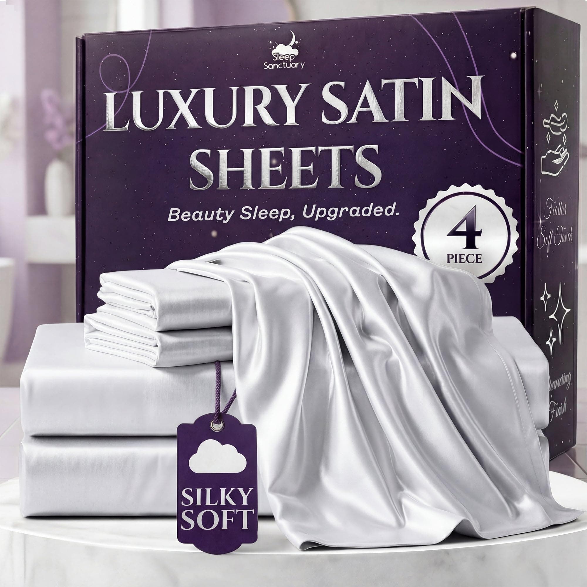 SLEEP SANCTUARY Satin Sheets King Size – 4 Piece Luxury Silky Bed Set, Softer Than Silk, 15" Deep Pocket, Cooling & Wrinkle-Free, Moisture-Wicking & Breathable for Hair & Skin (White)