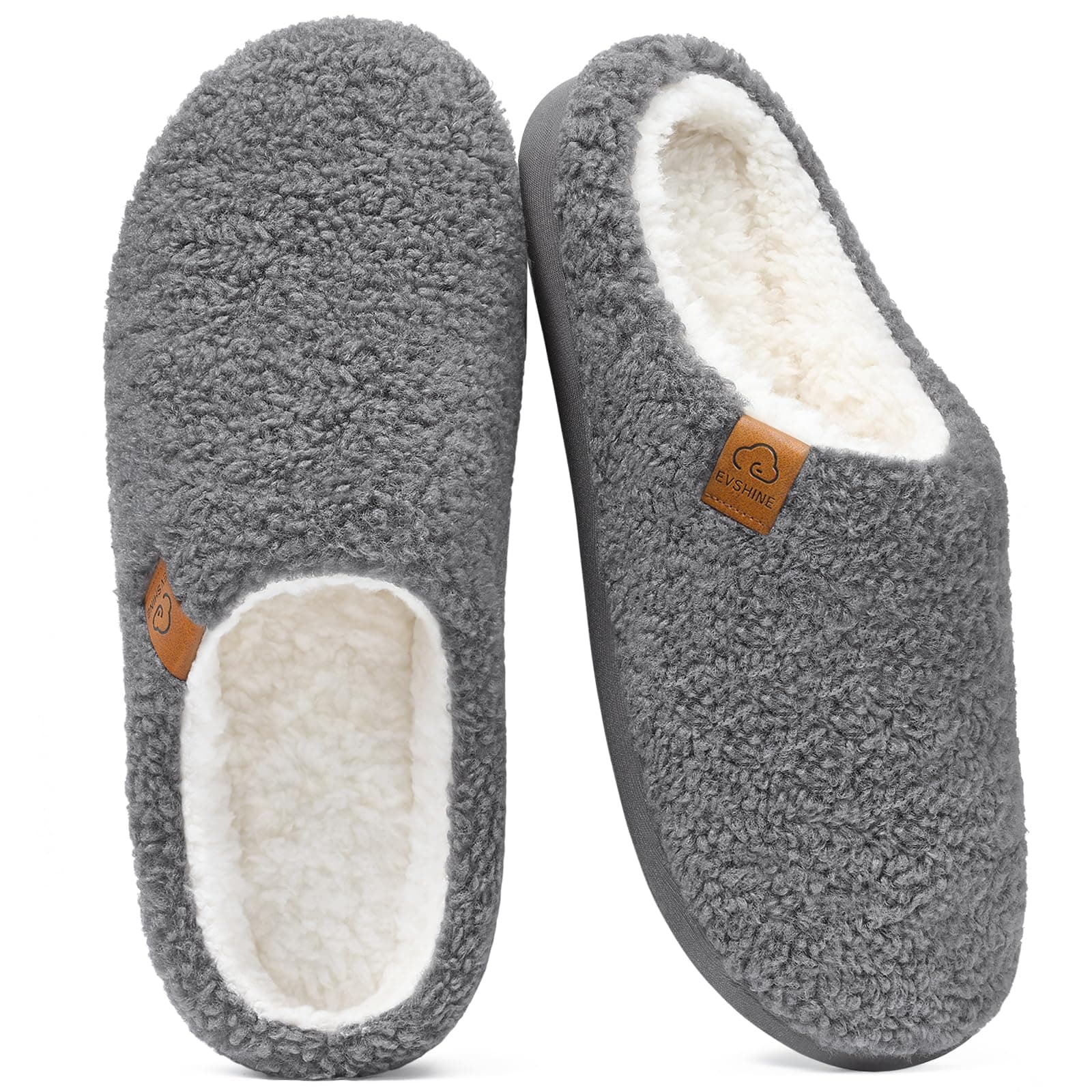 Evshine Memory Foam Fuzzy Slippers for Women Curly Fleece House Shoes | Indoor Outdoor, Comfy and Warm Fur Lining, Non-slip Rubber Sole, Bedroom Slip on, Cozy, Cushioned, Machine Washable
