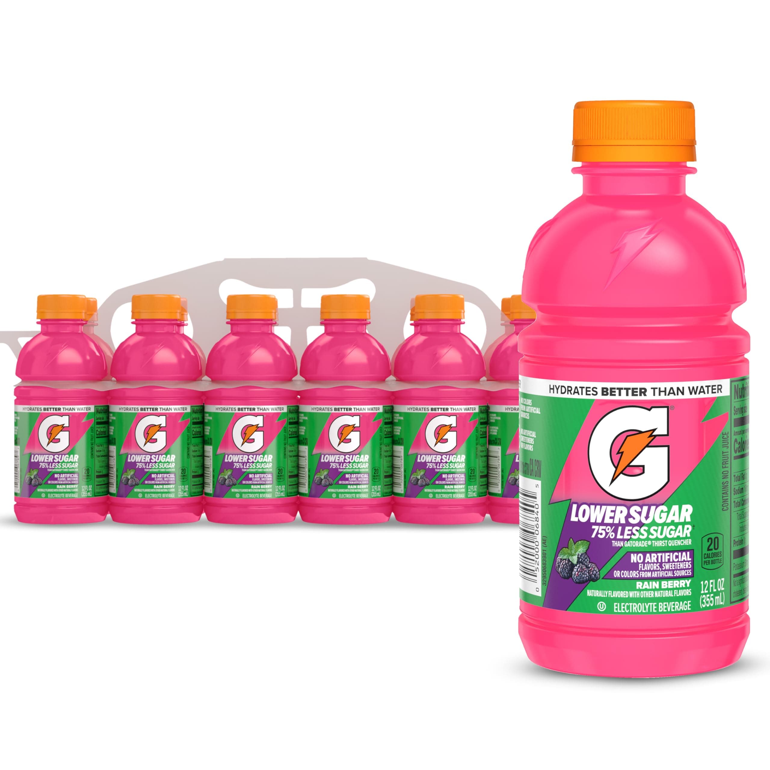 Gatorade Lower Sugar Sports Drink, Rain Berry, 12 fl oz Bottles, (12 Pack) | 75% Less Sugar, No Artificial Flavors, No Artificial Sweeteners, No Artificial Colors, Electrolyte Sports Drink, Hydration