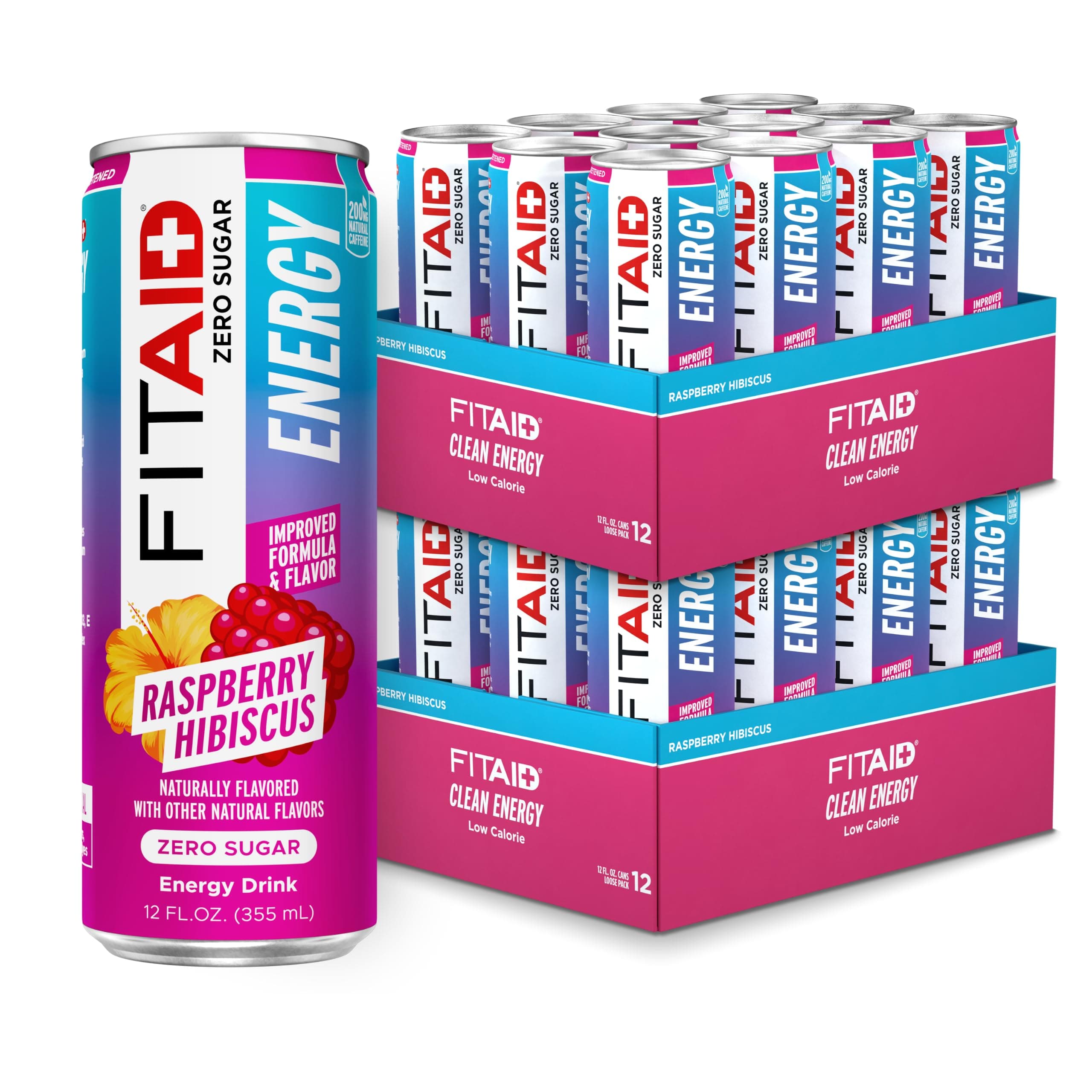 FITAID Energy Zero Sugar Raspberry Hibiscus 200mg, 12 fl oz (24-Pack) | Bulk 24-pack Raspberry Hibiscus energy drink with 200mg natural green tea caffeine, BCAAs, and electrolytes. Zero sugar.