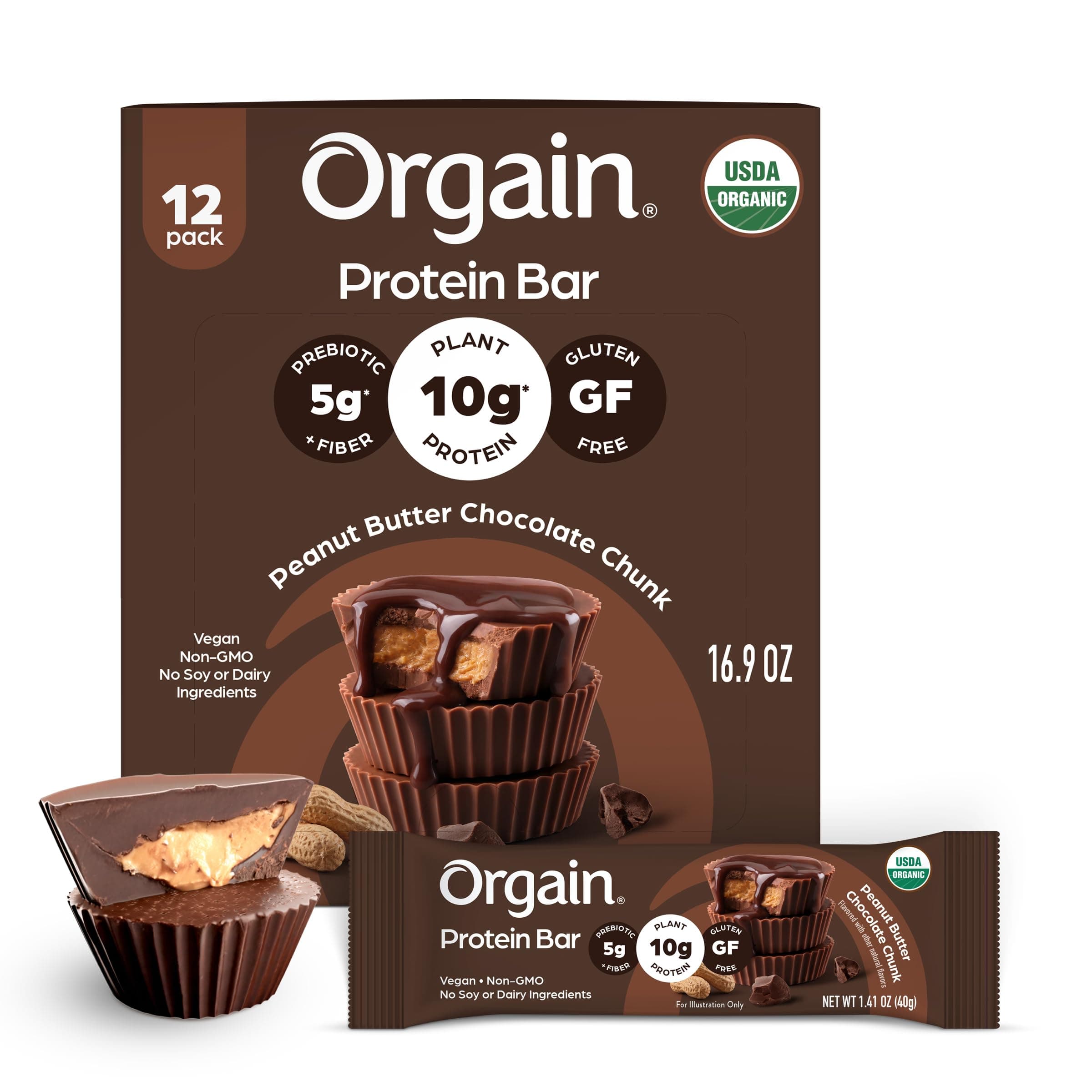 Orgain Organic Vegan 10g Protein Bars, Peanut Butter Chocolate Chunk, 12 Pk | Plant-based protein, low calorie healthy snacks, gluten free, non-GMO, no soy or lactose ingredients, 1.41 oz bars