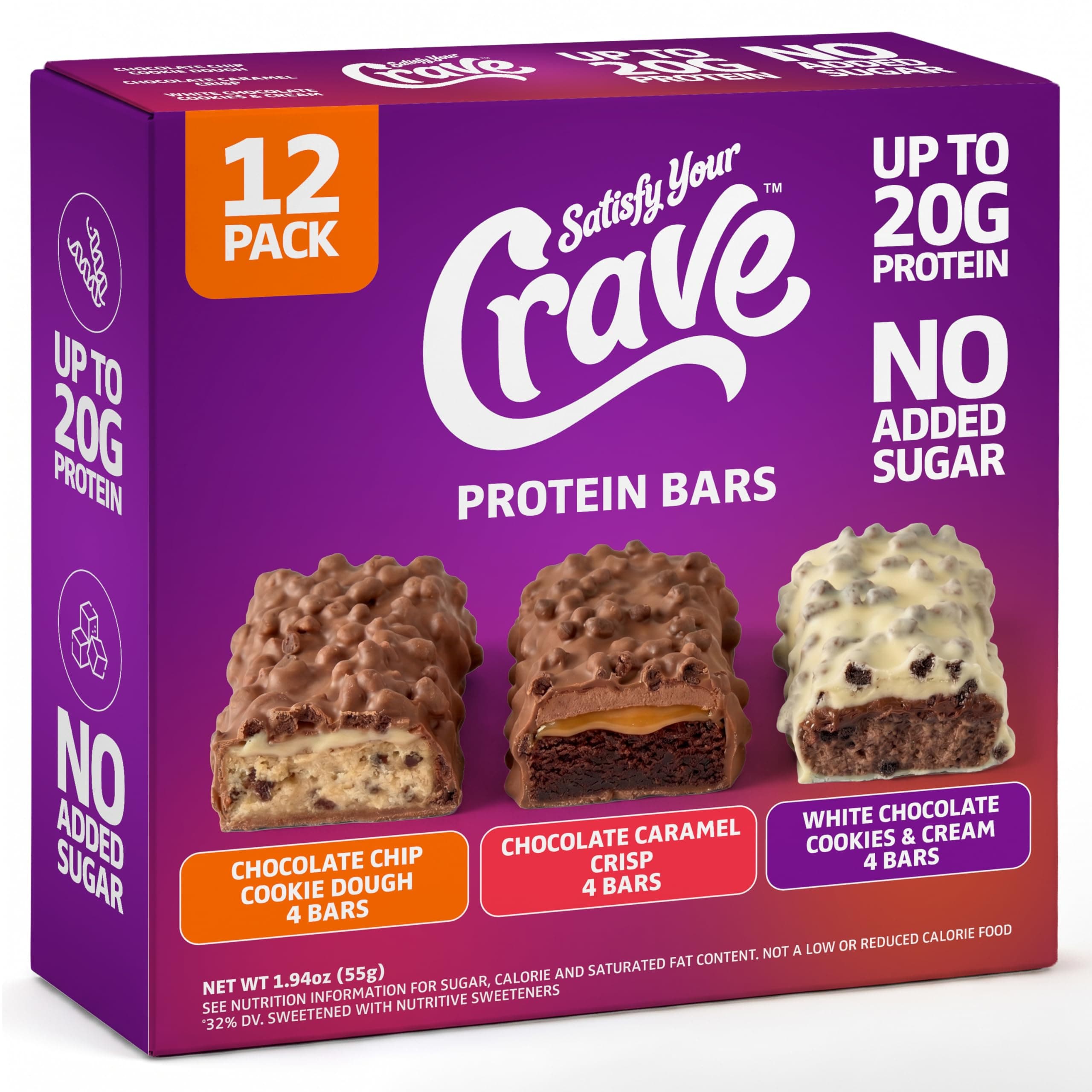 Satisfy Your Crave Protein Bars- High Protein Delicious Snacks- 19-20g of Protein, No Added Sugar- Variety Pack- Cookie Dough, Choc Caramel, Cookies & Cream- On-the-Go Snack, Pantry Staple & for Office, 12 Pack