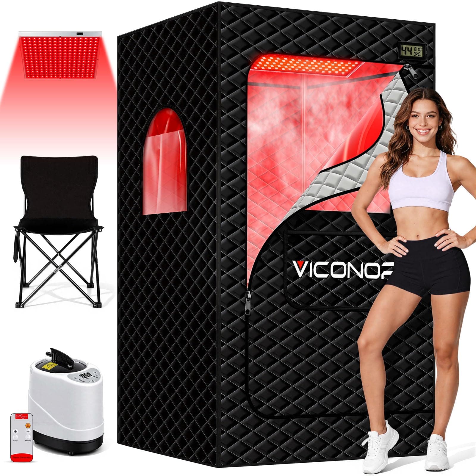Viconor Portable Sauna Box, Infrared Sauna with 660nm Red Light & 850nm | Infrared Red Light Therapy Device for Relaxation, Red Light Sauna for Home 5-Layer Waterproof Insulated, 3L/1200w Steamer