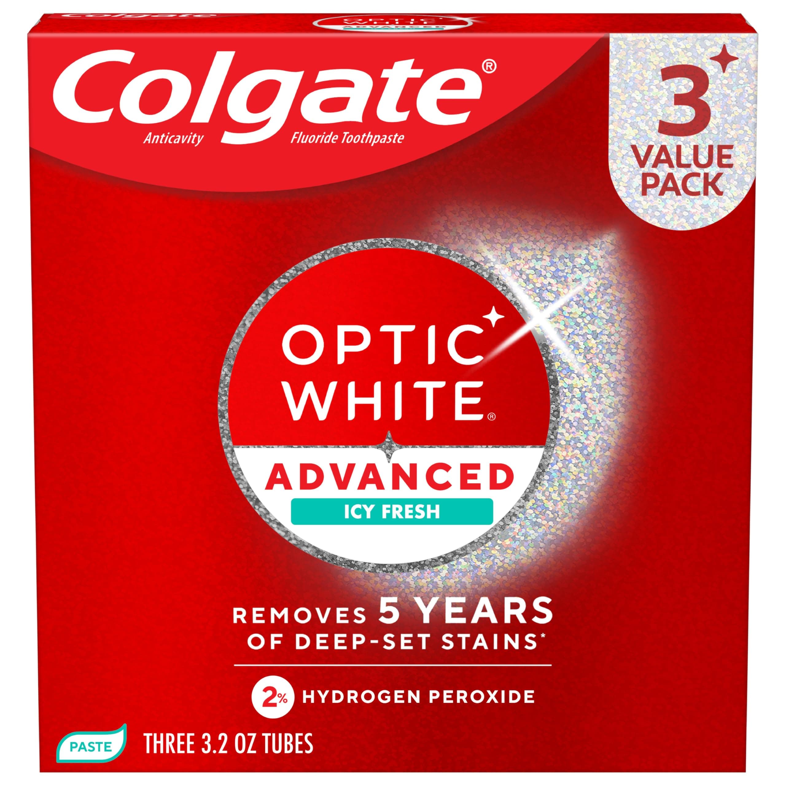 Colgate Optic White Advanced Hydrogen Peroxide Toothpaste, 3 Pack, 3.2 oz | Icy Fresh Flavor, Teeth Whitening Toothpaste, Removes 5 Years of Deep-Set Coffee, Tea, and Wine Stains, Enamel Safe Formula