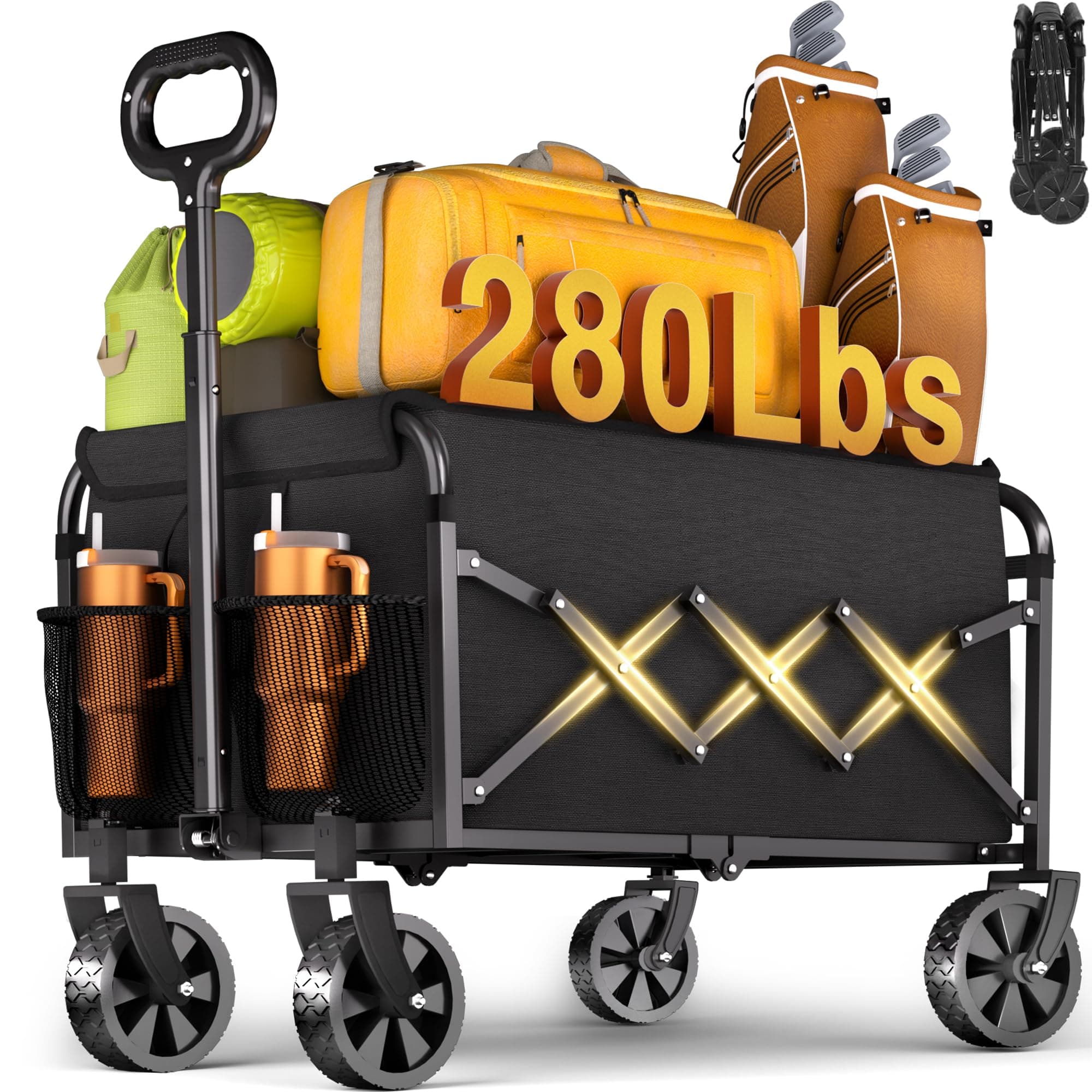 Wagons Carts Foldable - 280Lbs Collapsible Wagon Cart with Wheels Portable - Folding Wagon Lightweight for Camping, Sports, Travel, Picnic, Groceries, Shopping
