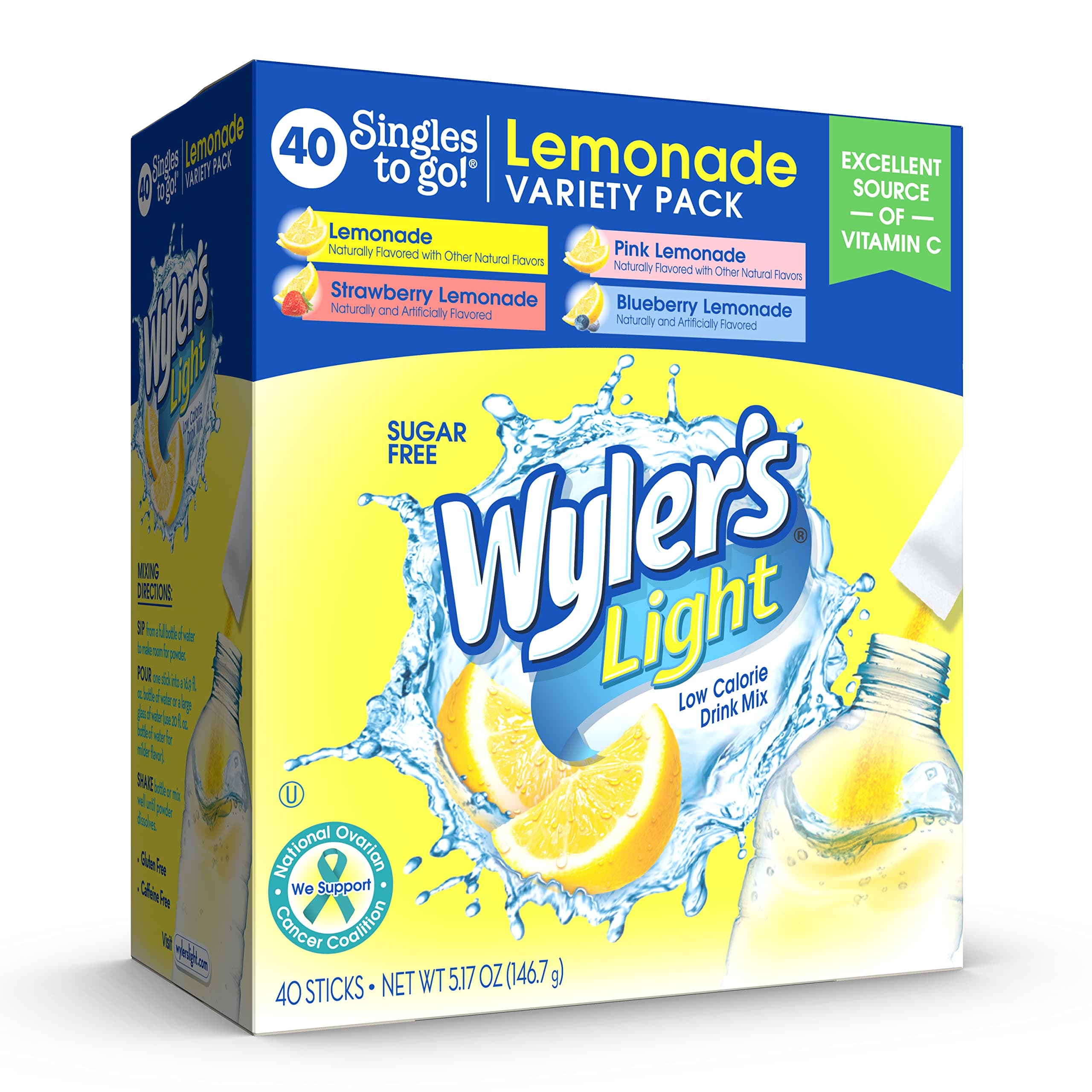 Wyler's Light Singles To Go Drink Mix, Lemonade Variety Pack, 40 Packets | Sugar Free & Caffeine Free Powdered Drink Mix Packets, Water Flavor Packets, Lemonade, Pink Lemonade, Strawberry, Blueberry