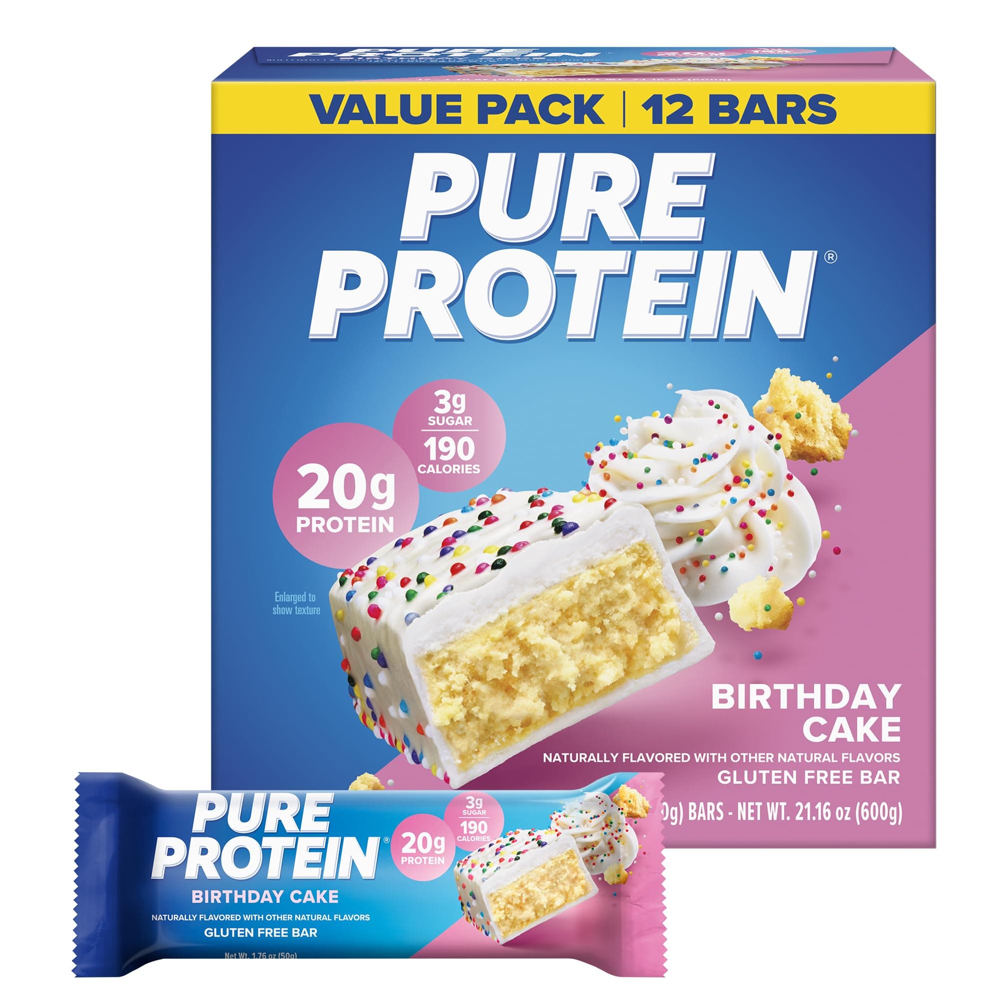 Pure Protein Birthday Cake Protein Bars, 20g Protein, Gluten Free, 12 Ct | 3g Sugar, 190 Calories, Low Sugar* High Protein Snack