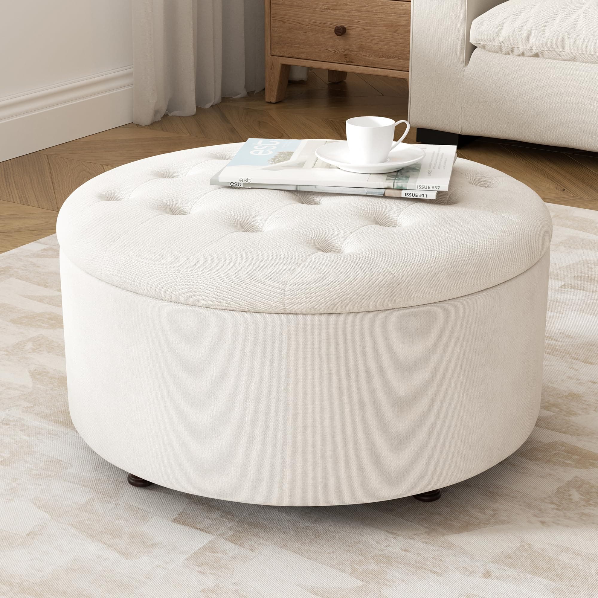 YUUIJOAA 30 Inch Round Storage Ottoman,Modern Tufted Ottomans,Circular Coffee Table with Removable Top,Upholstered Large Ottoman with Storage Footrest Stool for Bedroom Living Room (White)