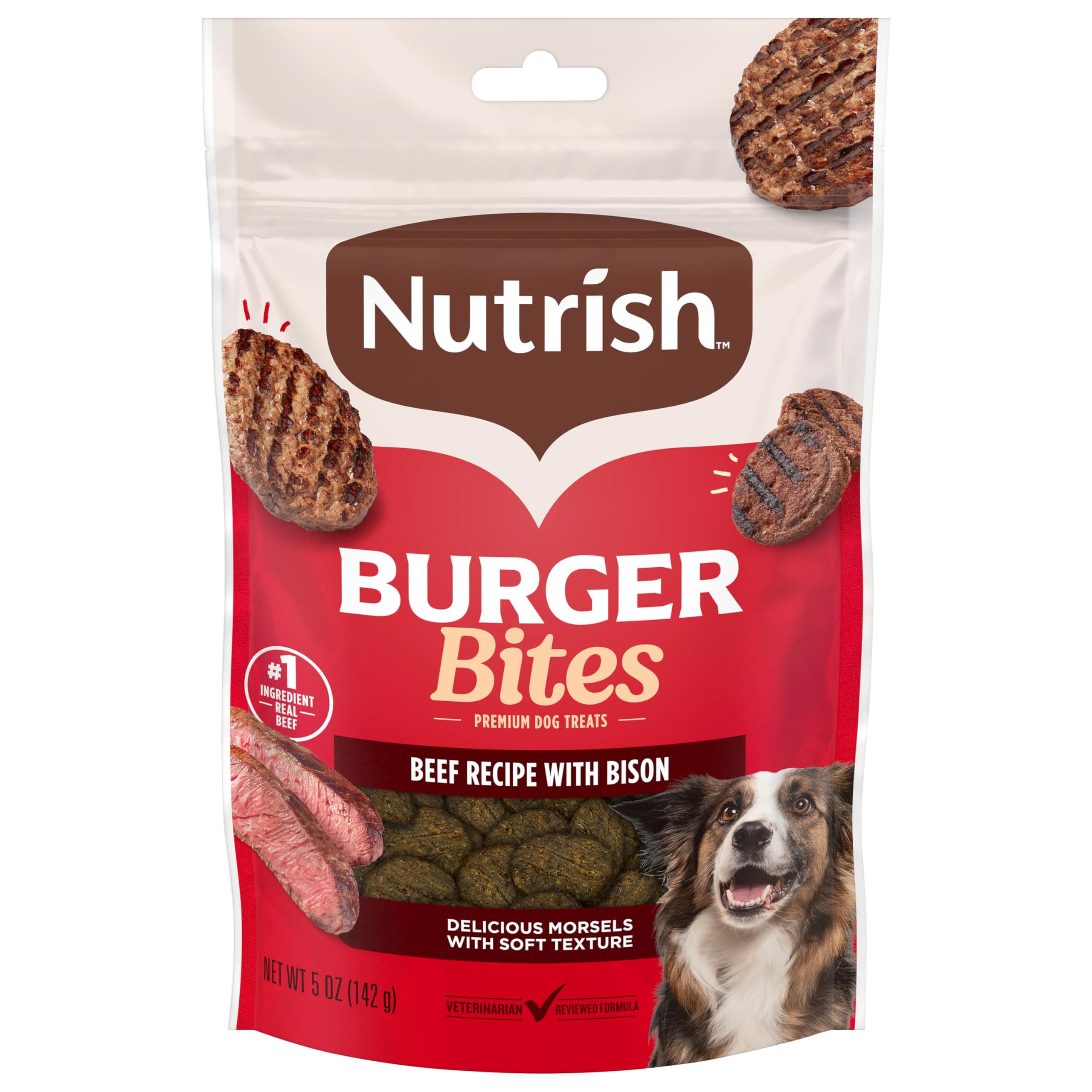 Nutrish Burger Bites Dog Treats, Beef Recipe, 5 oz. Pouch (Rachael Ray) | Pack of 5, Grain Free with No Added Corn or Soy Ingredients, No By-Product Meals, Resealable Bag
