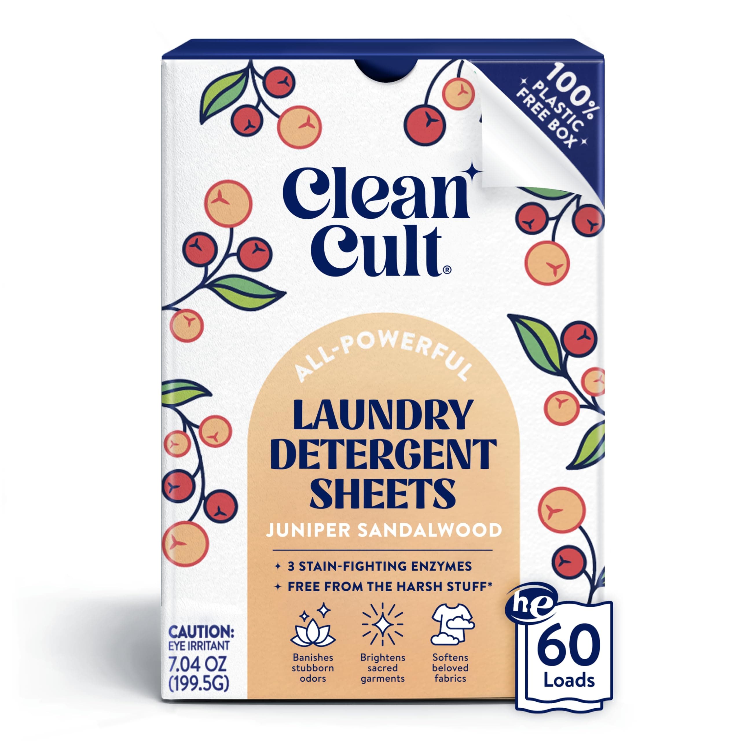 Cleancult Laundry Detergent Sheets - Resealable Box - 3 Stain Fighting Enzymes - Juniper Sandalwood - 60 Loads - Free of Harsh Chemicals - No Mess - No Plastic Waste