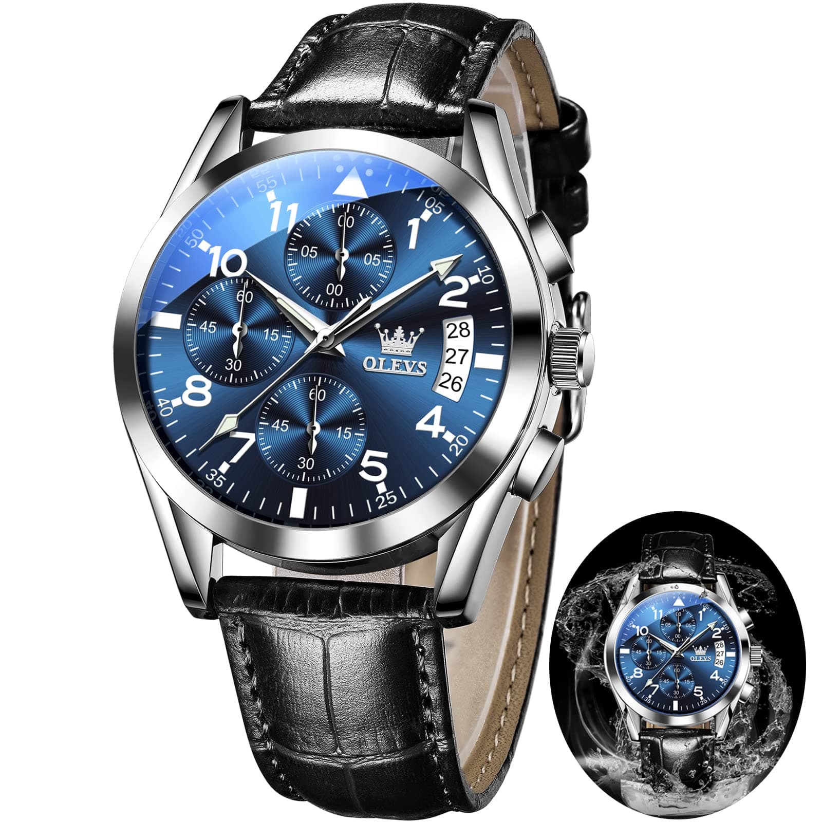 OLEVS Watch Men Leather Chronograph Waterproof Luxury Dress Analog Quartz