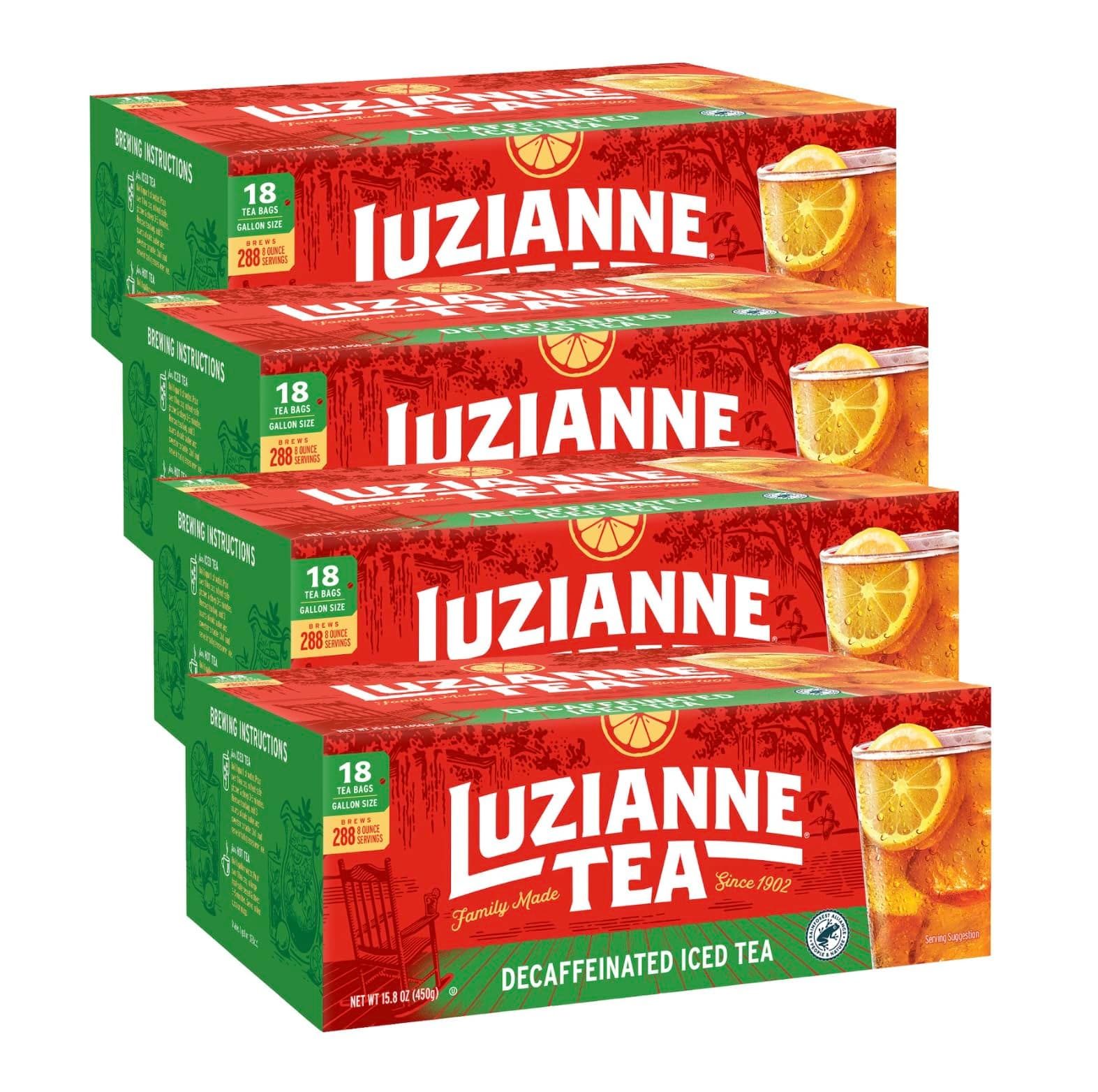 Luzianne Unsweetened Decaffeinated Iced Tea Bags 18 Count (Pack of 4)