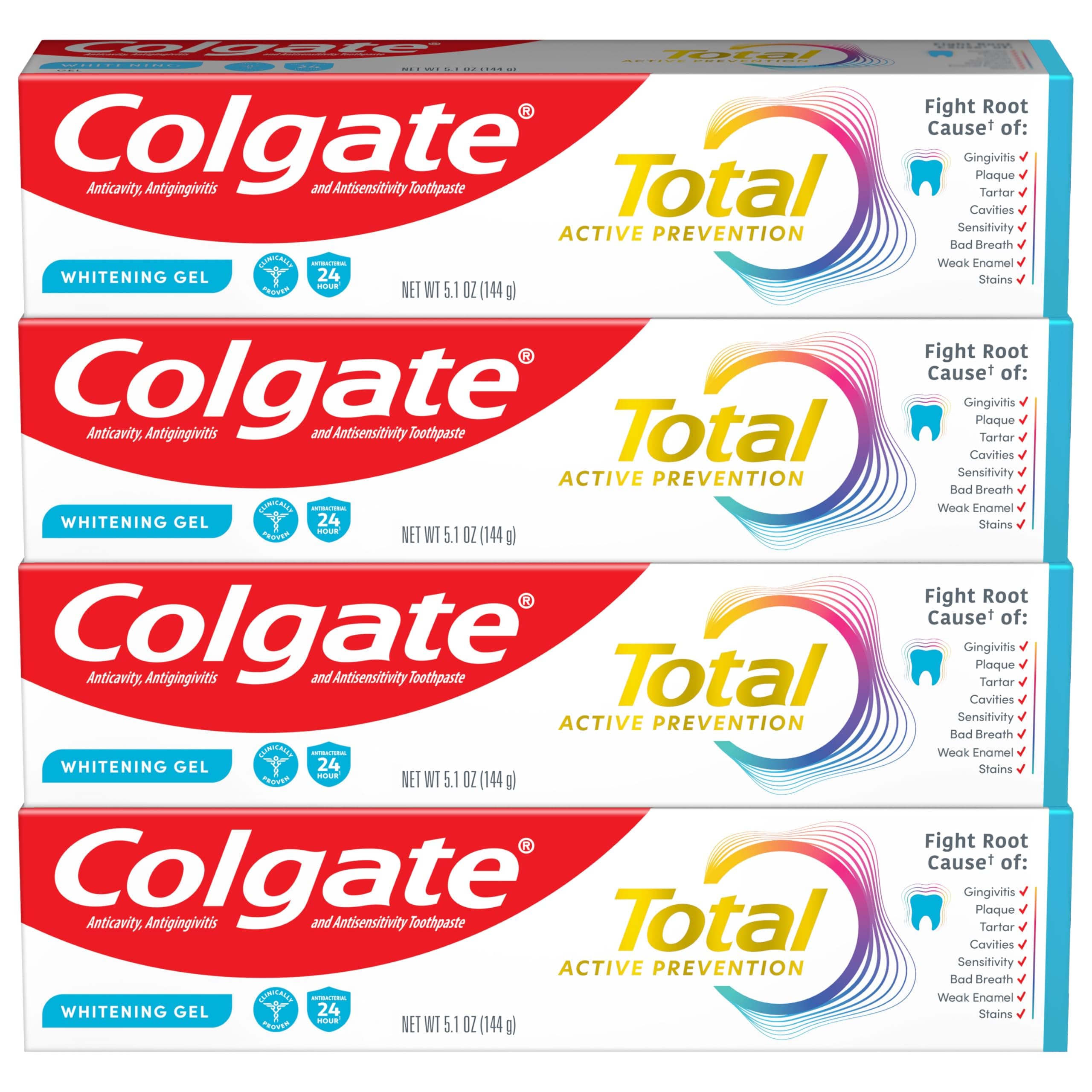 Colgate Total Whitening Toothpaste Gel with Fluoride, Bulk 4 Pack, 5.1 oz | Mint Flavor, Antibacterial, Antigingivitis, Antisensitivity, Stain Removal, Strengthens Enamel, Freshens Breath