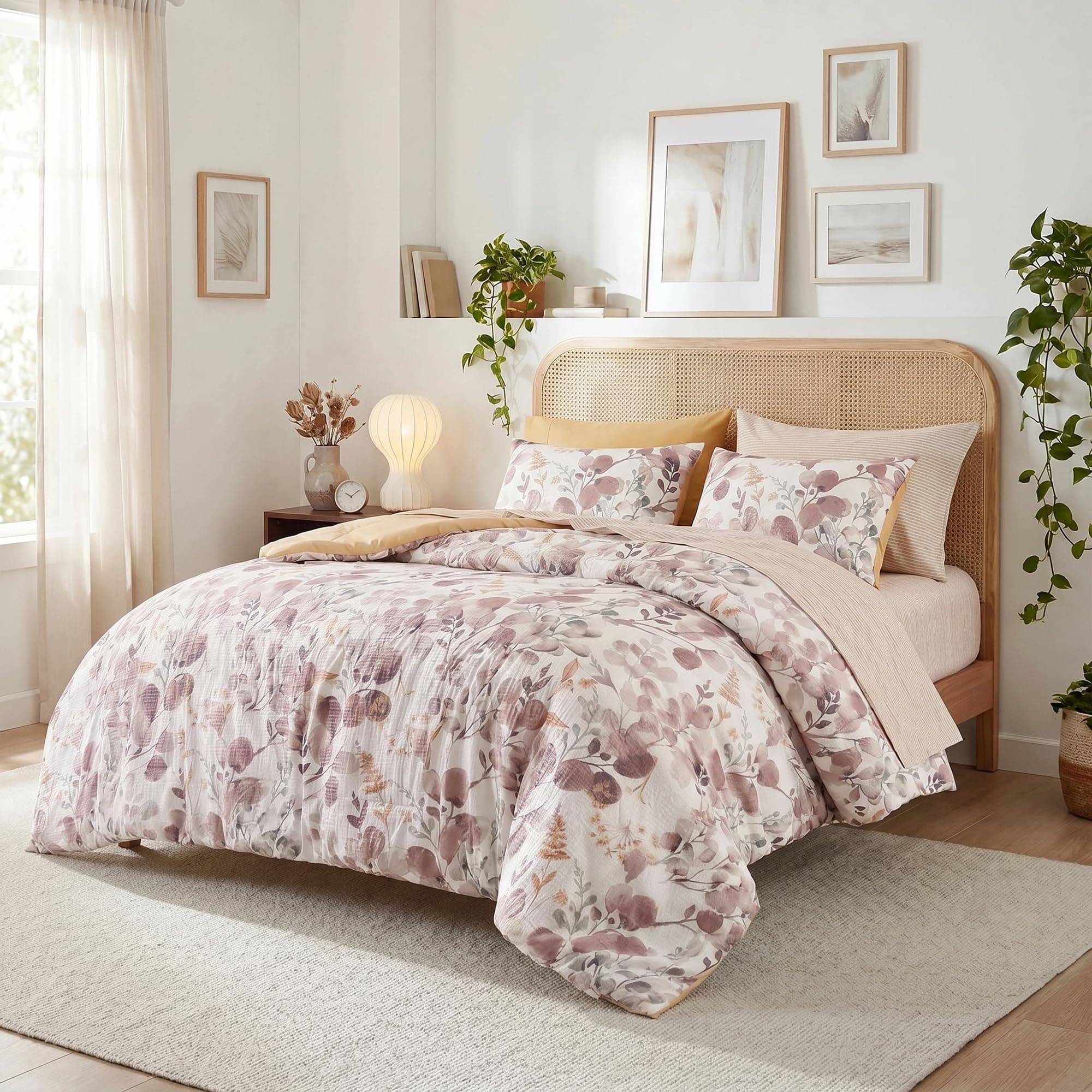 Regency Heights Lightweight Seersucker Botanical Comforter Set Queen Size, 9 Pieces Reversible Design Bed in A Bag Set, Premium Microfiber Bedding Set, Brown