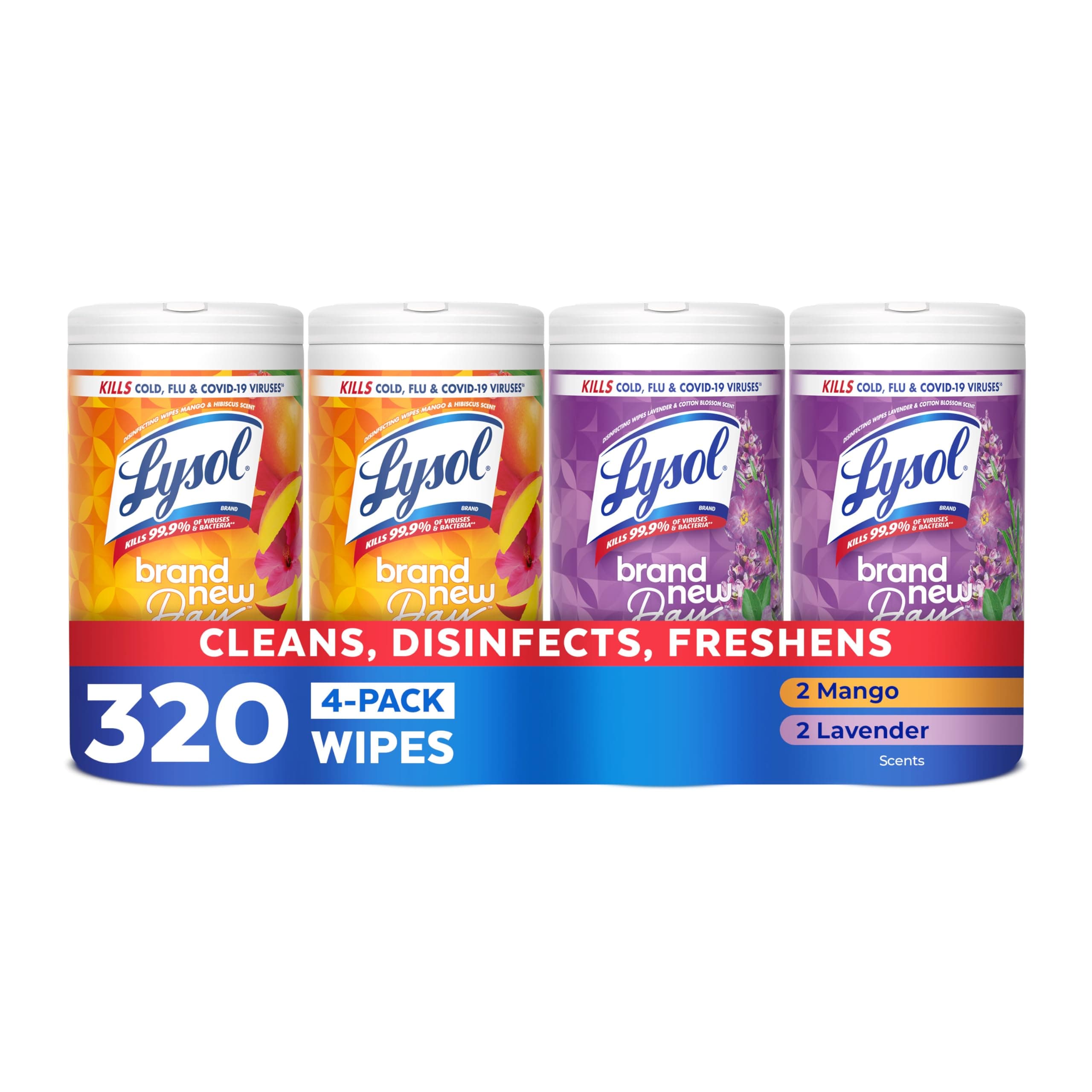 Lysol Disinfecting Wipes, Multi-Surface, Lavender + Mango, 80 ct. (4 Pack) | All Purpose Cleaner, Sanitizing, Deodorizing, Apartment Essentials, Back To School Cleaning Supplies, Kitchen & Bathroom Wipe