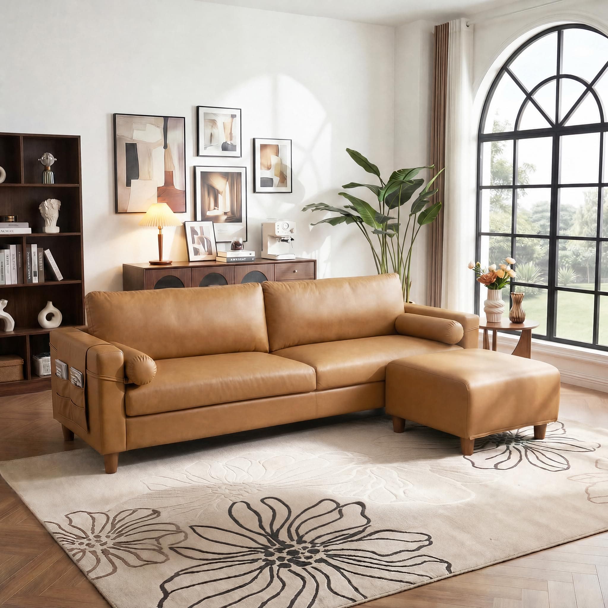 Vesgantti 100" L-Shaped Faux Leather Sectional Couch, Wide Seating, Camel | 3 Seater with Movable Ottoman, Mid Century Modern Modular Sofa for Living Room, Apartment, Easy to Assemble, Side Pocket