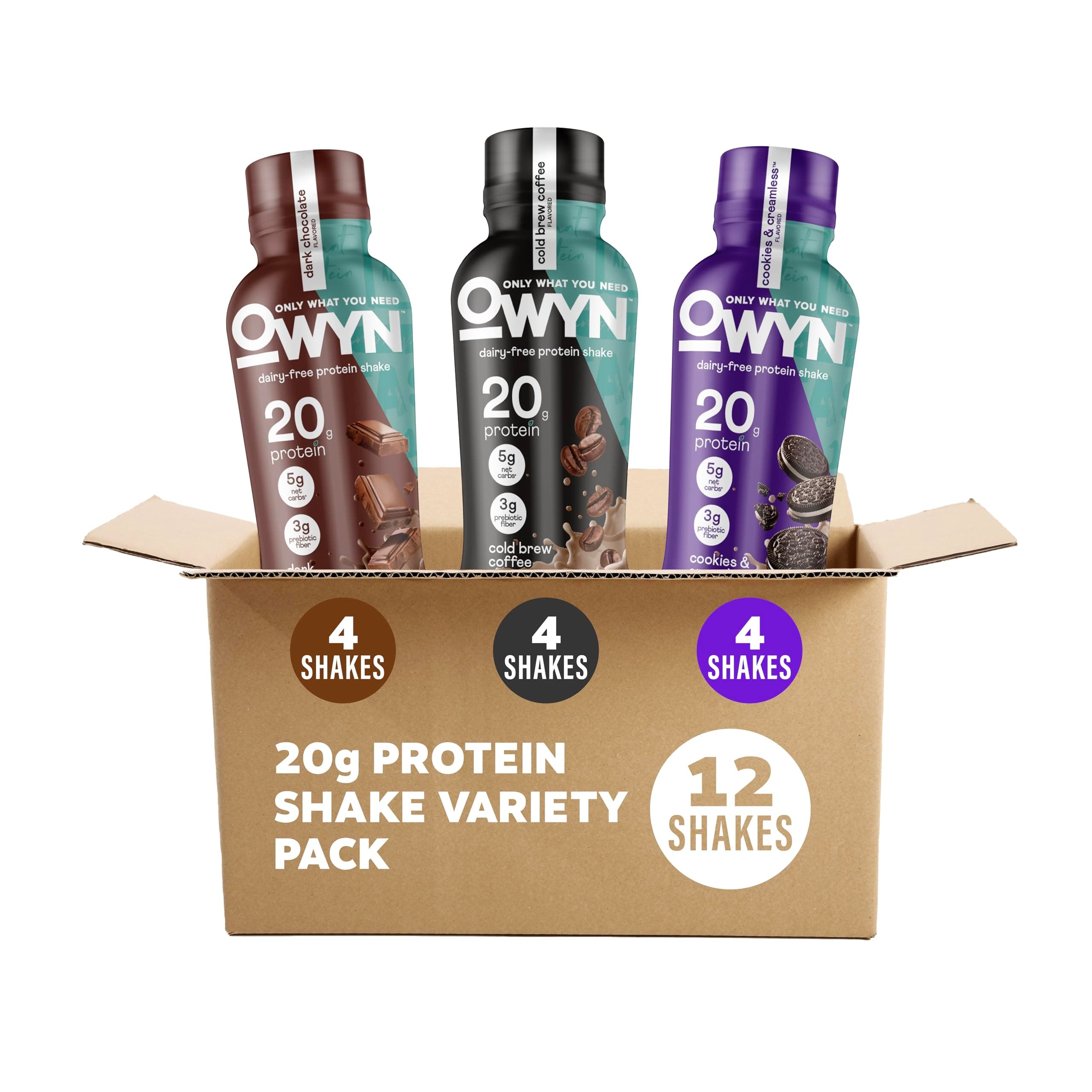 OWYN Only What You Need 20g Protein Shake Variety Pack, Dairy Free, 12 Ct | Dark Chocolate, Cold Brew Coffee, Cookies N Creamless, 20g Protein, 4g Sugar, Plant Protein, 12fl oz Bottles