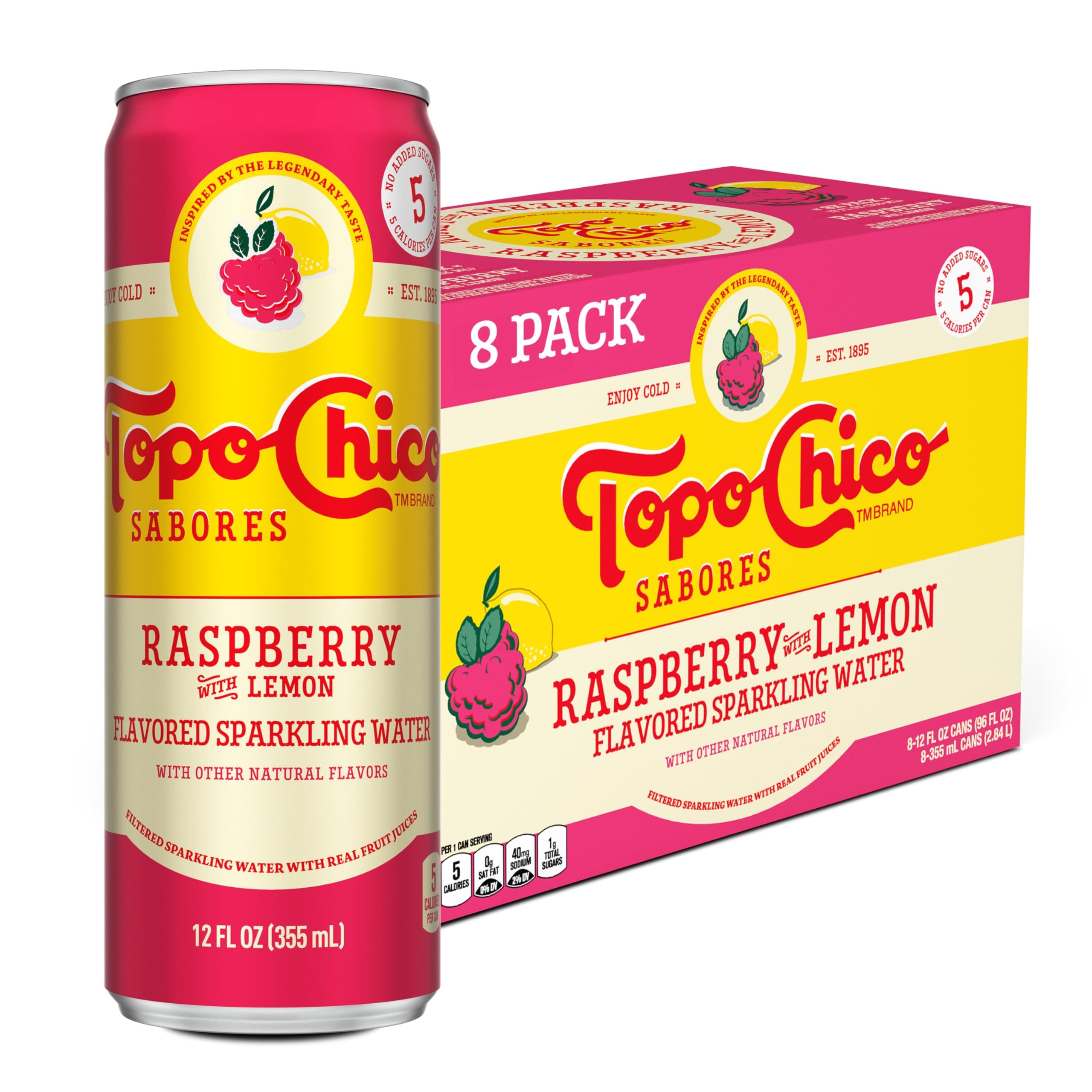 Topo Chico Sabores Raspberry with Lemon Cans, 12 fl oz, 8 Pack | Cans of flavored sparkling water, no added sugar, low calorie, with minerals and real fruit juice